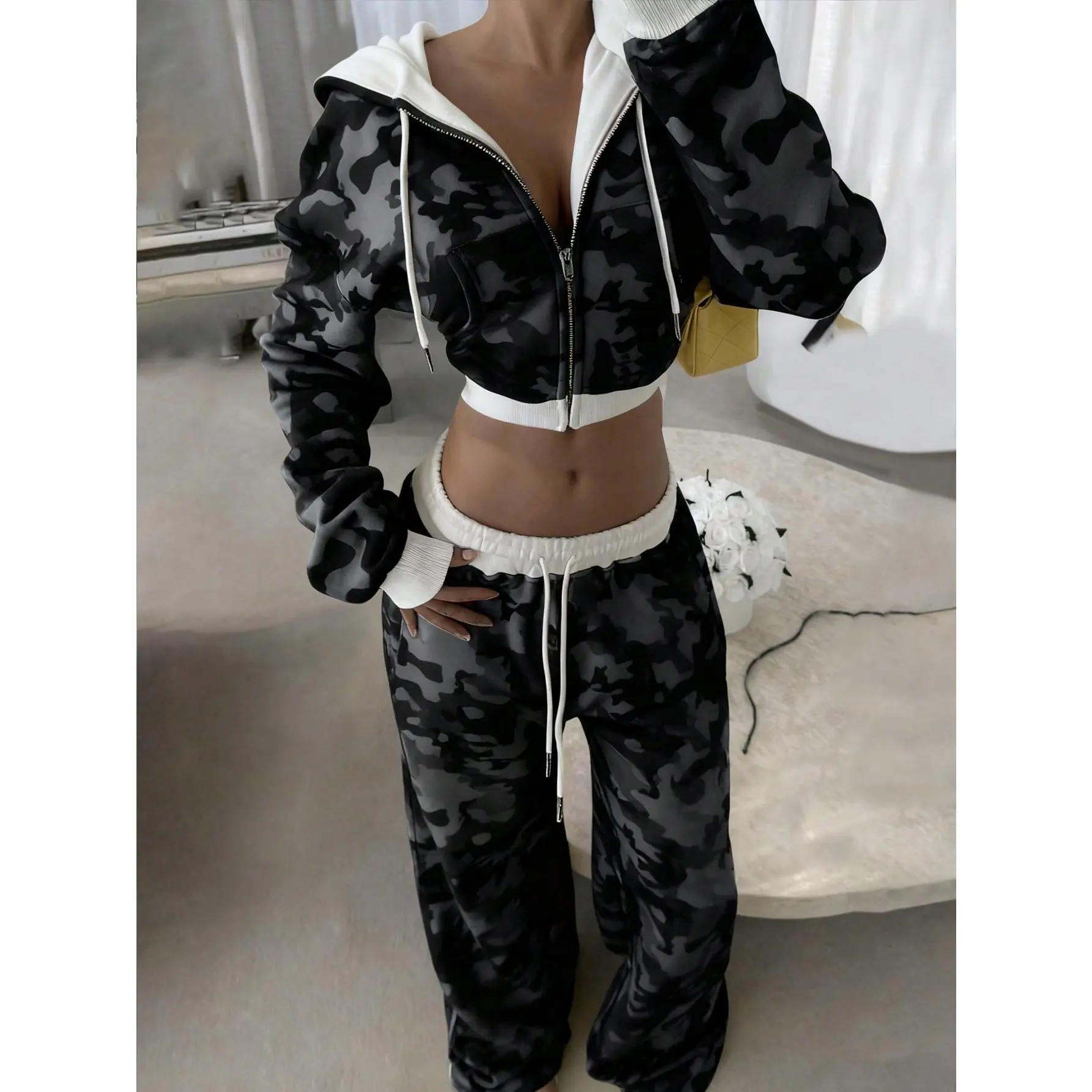 Women's Camouflage Long Sleeve Zip Front Drawstring Hem Hooded Sweatshirt And Pants Casual 2 Pieces Set