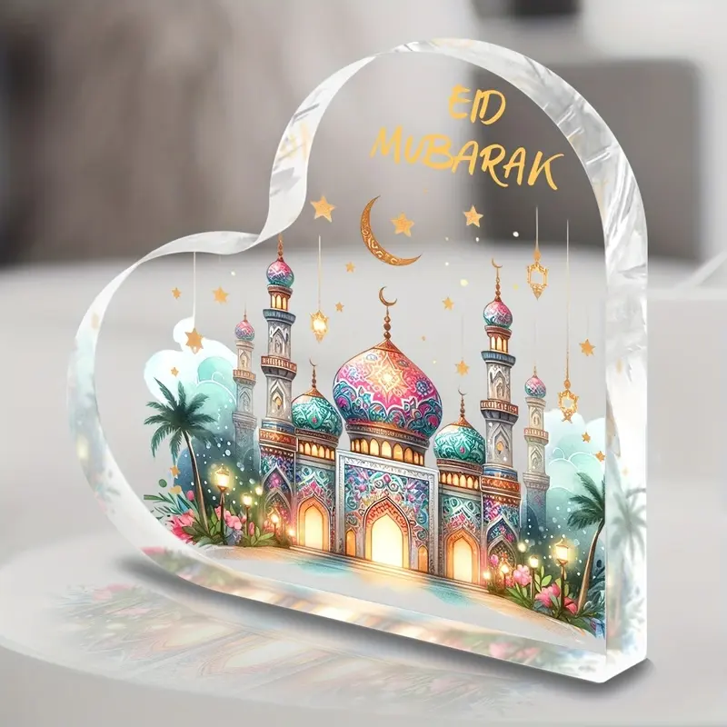 [2D Flat] A Decorative Plaque for Eid Al-Fitr Blessings - a Heart-Shaped Ornament Featuring A, Star, And Crescent Lantern Design with The Words 'EID MUBARAK'. It Is Perfect for Gifting to Muslim Friends And Family During Eid