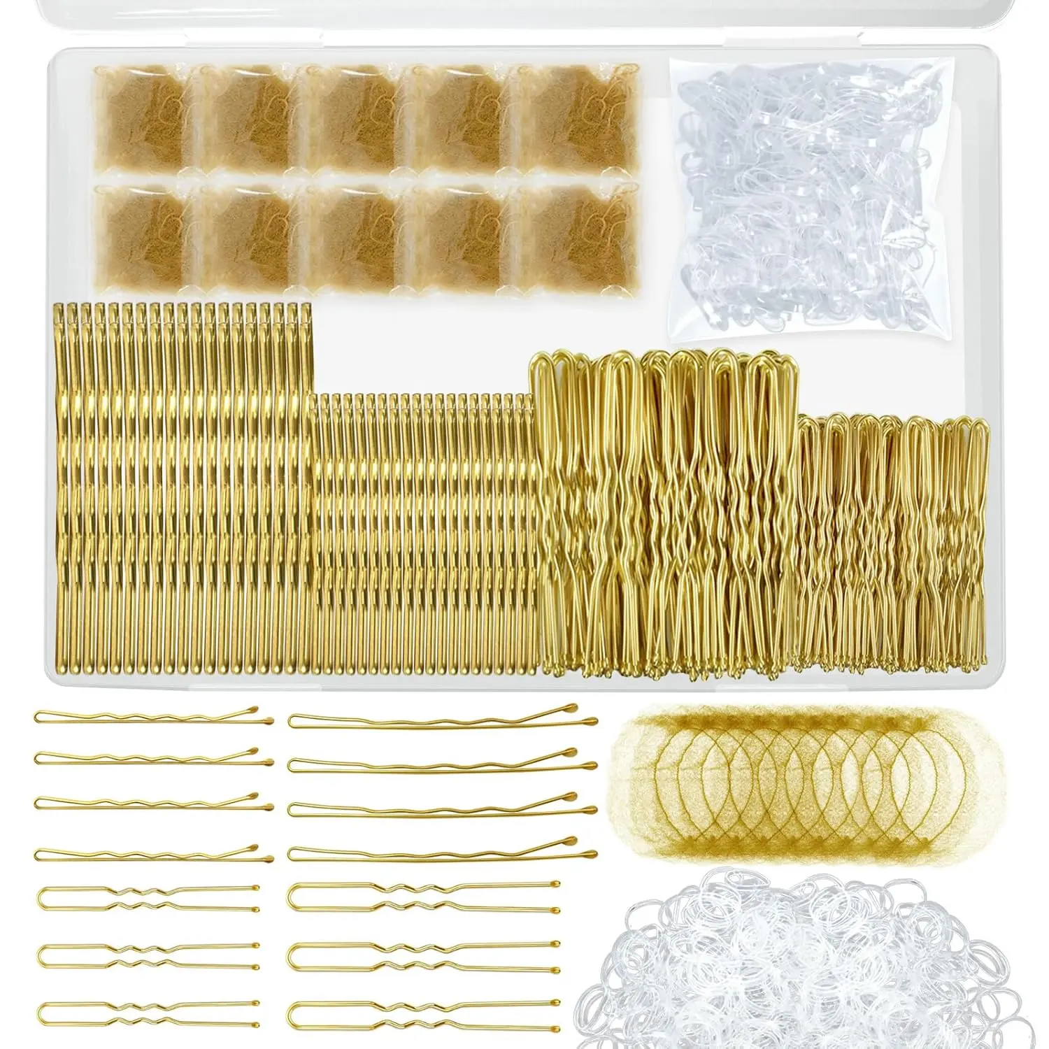 510PCS Blonde Bobby Pins Hair Pins Kit with Hair Net, Includes 100 Bobby Pins for Women, 100 U Shaped Buns Hair Clips, 300 Hair Bands and 10 Blonde Hair Nets, Dance competition must haves