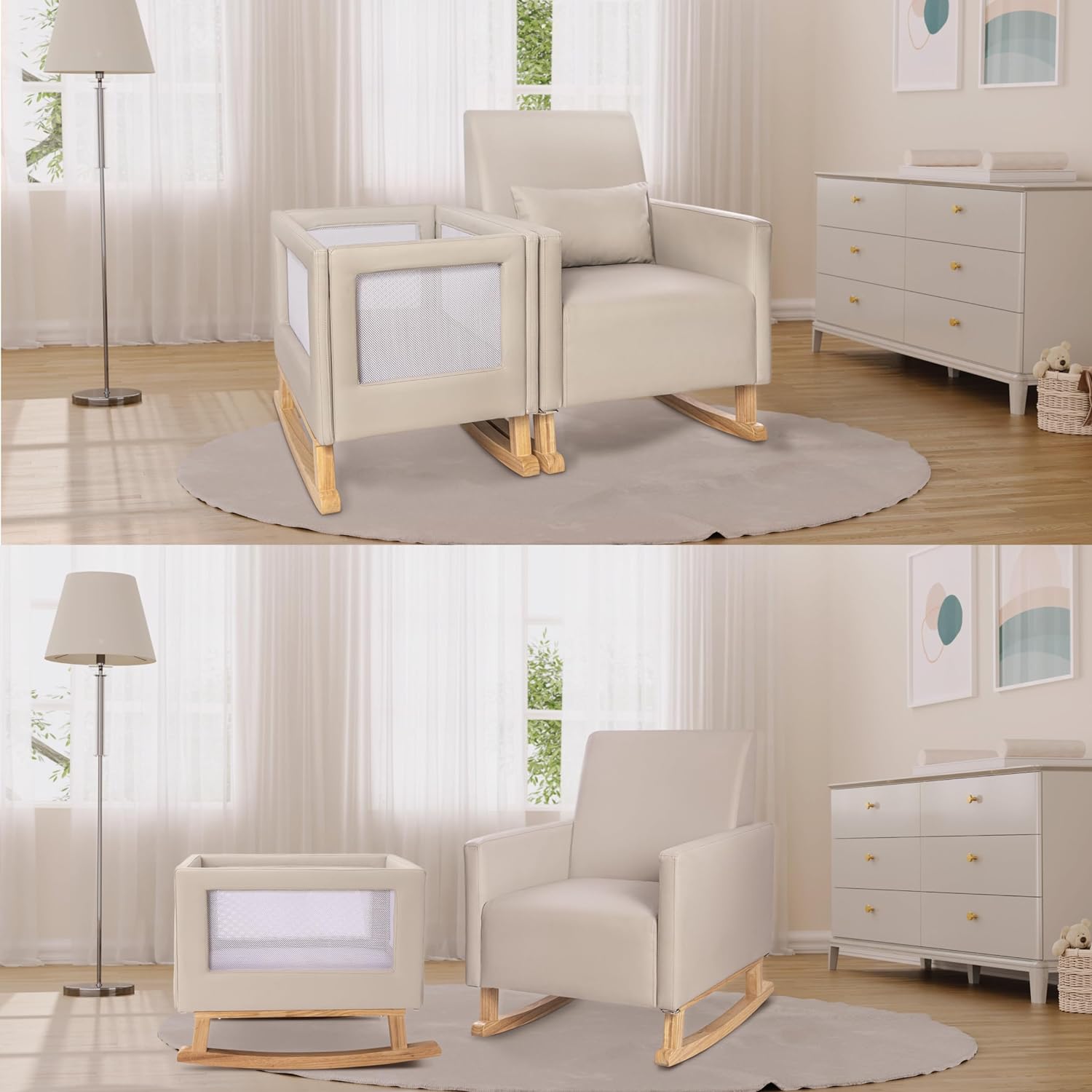 Rocking Chair and Bassinet, 2 in 1 Soft Leather Glider Rocker, Use Attached or Standalone -GreyCreative simple style