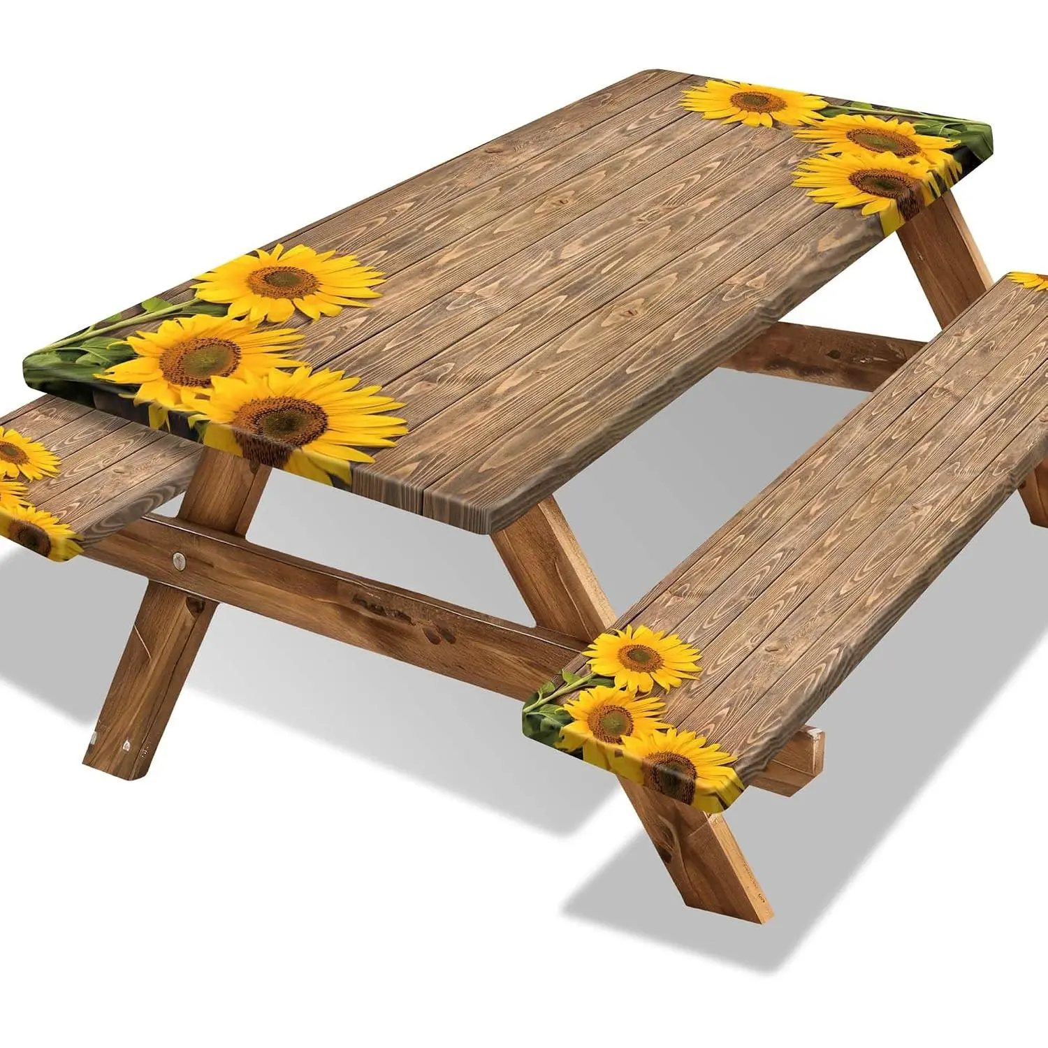 Picnic Table Cover with Bench Covers 6FT Sunflower Waterproof Fitted Picnic Table Cloths Wood Texture Outdoor Elastic Picnic Tablecloth Outdoor Camping Essentials(3pcs-72")