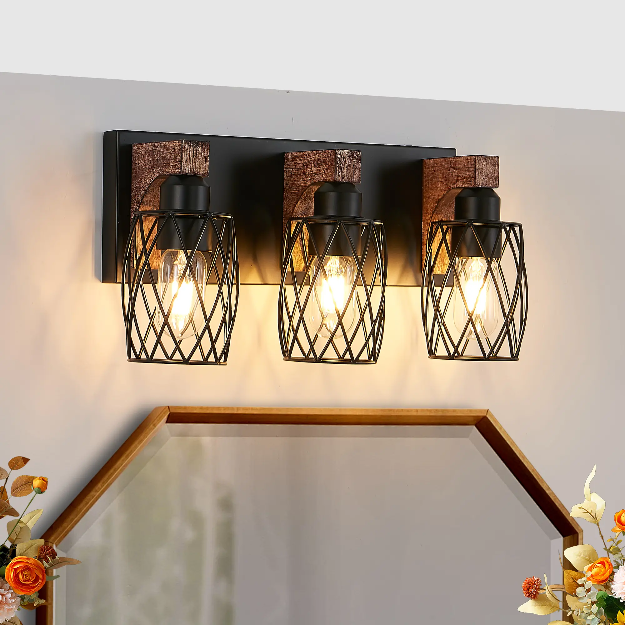 ARCH 18-Inch Industrial Vintage 3-Light Wall Sconce Black Metal Cage Fixture with Wood Accents, Walnut+Black Iron Wood Bathroom Hallway Living Room Entryway Lighting, E26 Base, Hardwired, Bulb Not Included, Walnut+black Color Options