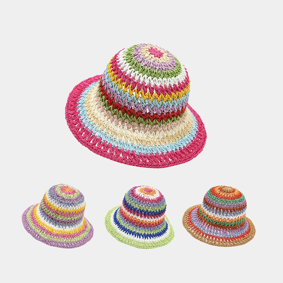 Women's Crochet Rainbow Bucket Hat, Handmade Woven Panama Cap, Foldable Sun Protection Headwear, Sun Protection Clothing, Beach & Vacay Accessory, All Seasons Sports & Outdoor Gear, Foldable Cap