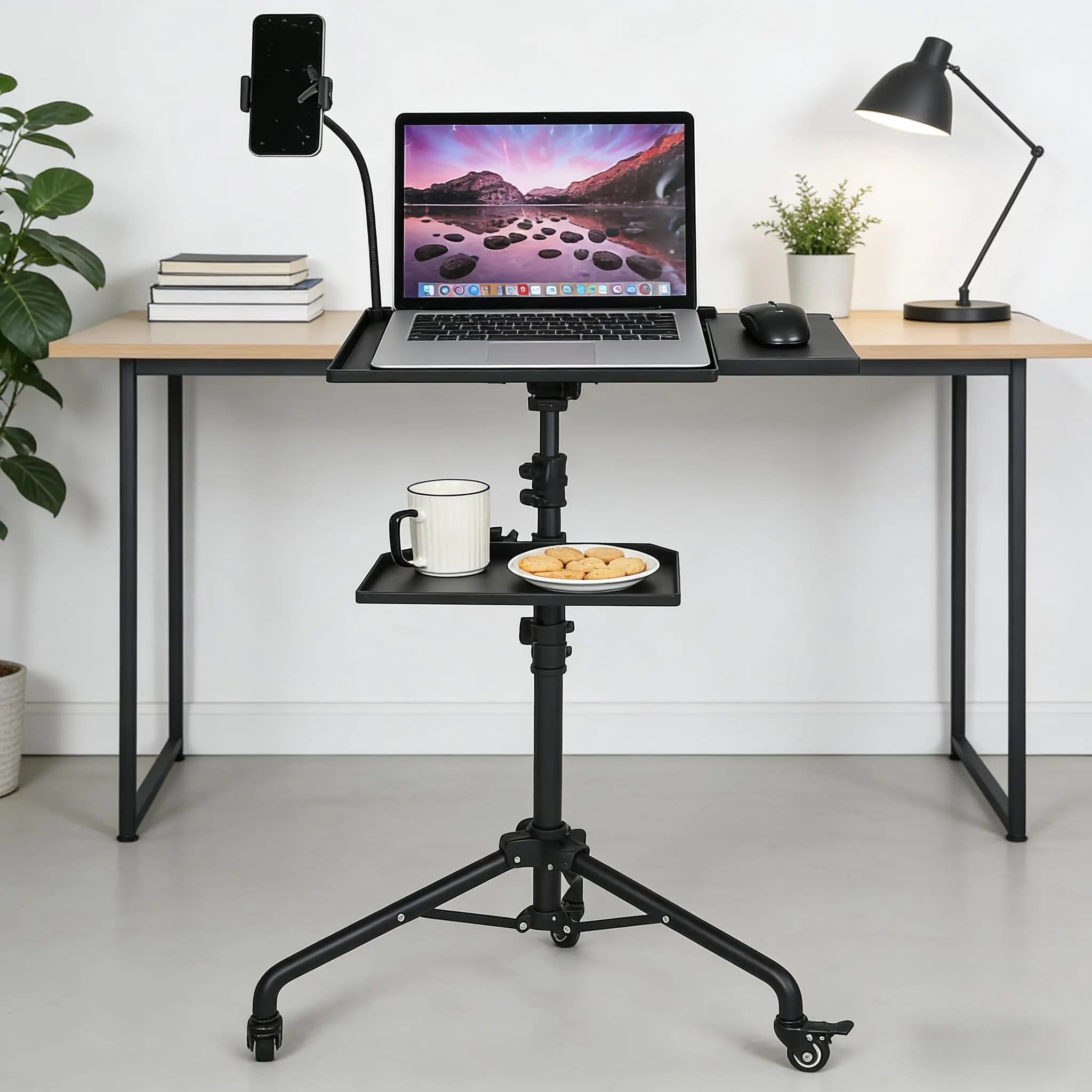 Adjustable Rolling Laptop & Projector Stand with Wheels, Dual Shelf Floor Stand with Mouse Tray & Phone Holder, Height Adjustable 23–49 Inches for Home, Office, Presentations & Music