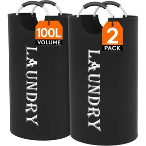 100L 2-Pack Large Laundry Basket, Collapsible Laundry Hamper with Aluminum Handles, Waterproof Freestanding Dirty Clothes Hampers for Laundry Room Bedroom Dorm Bathroom, Black