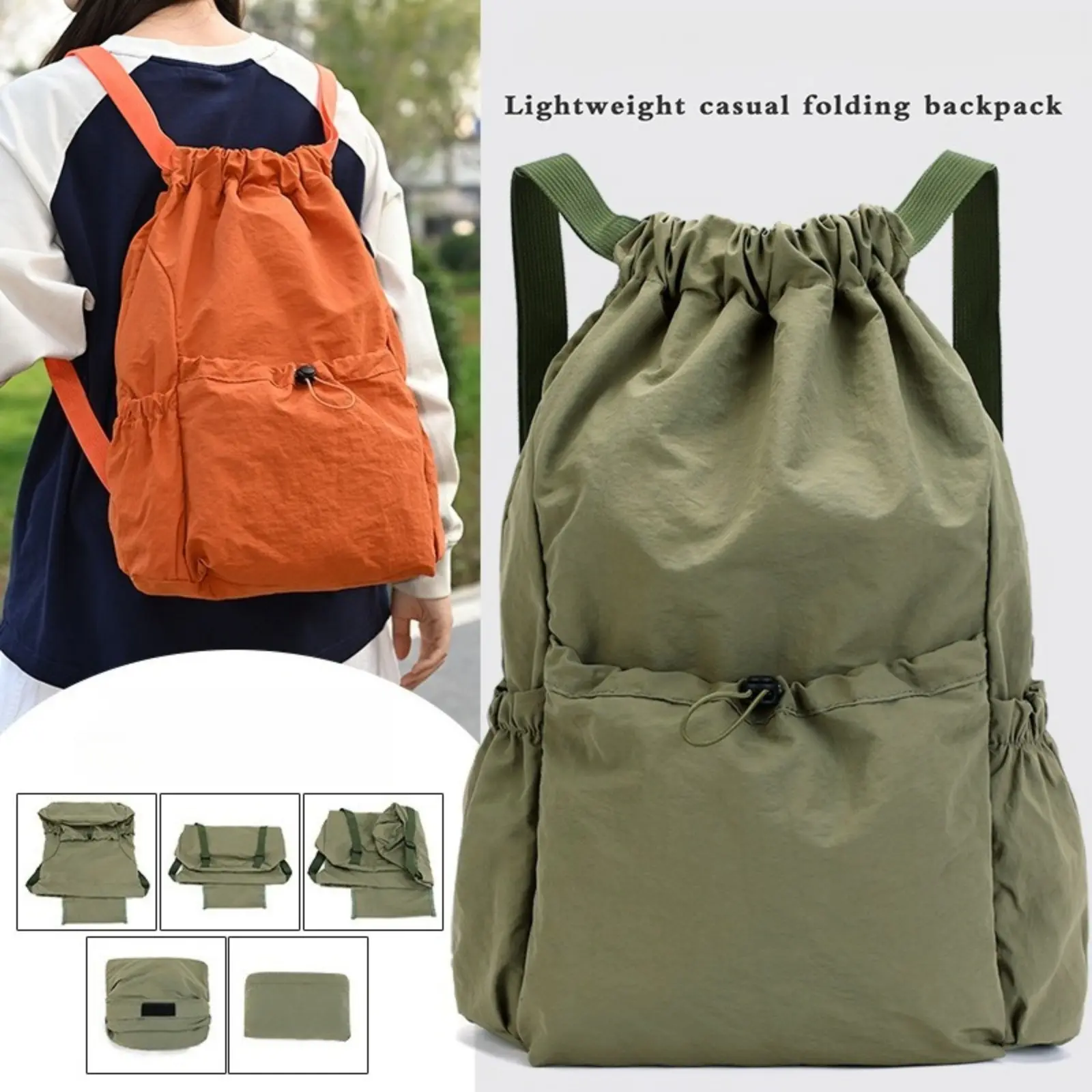 Packable Drawstring Backpack, Lightweight Folding Gym Sackpack, Waterproof Collapsible Cinch Bag with Water Bottle Pocket for Outdoor Travel Hiking