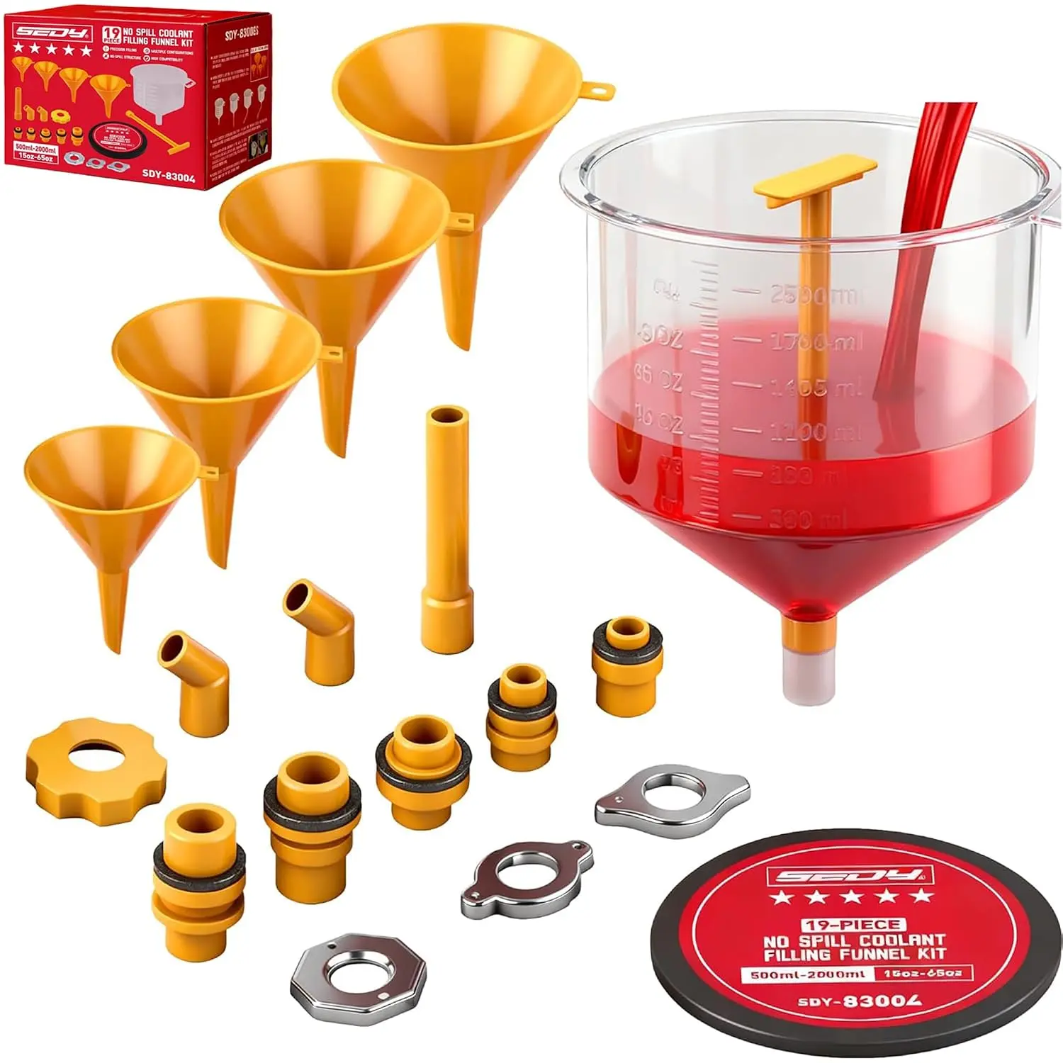 No Spill Coolant Funnel Kit - 19- Spill-Free Radiator Funnel Set, Spill Proof Radiator Bleeder Kit, Coolant Filling, Radiator Filler, Extra Funnels and Adapters for