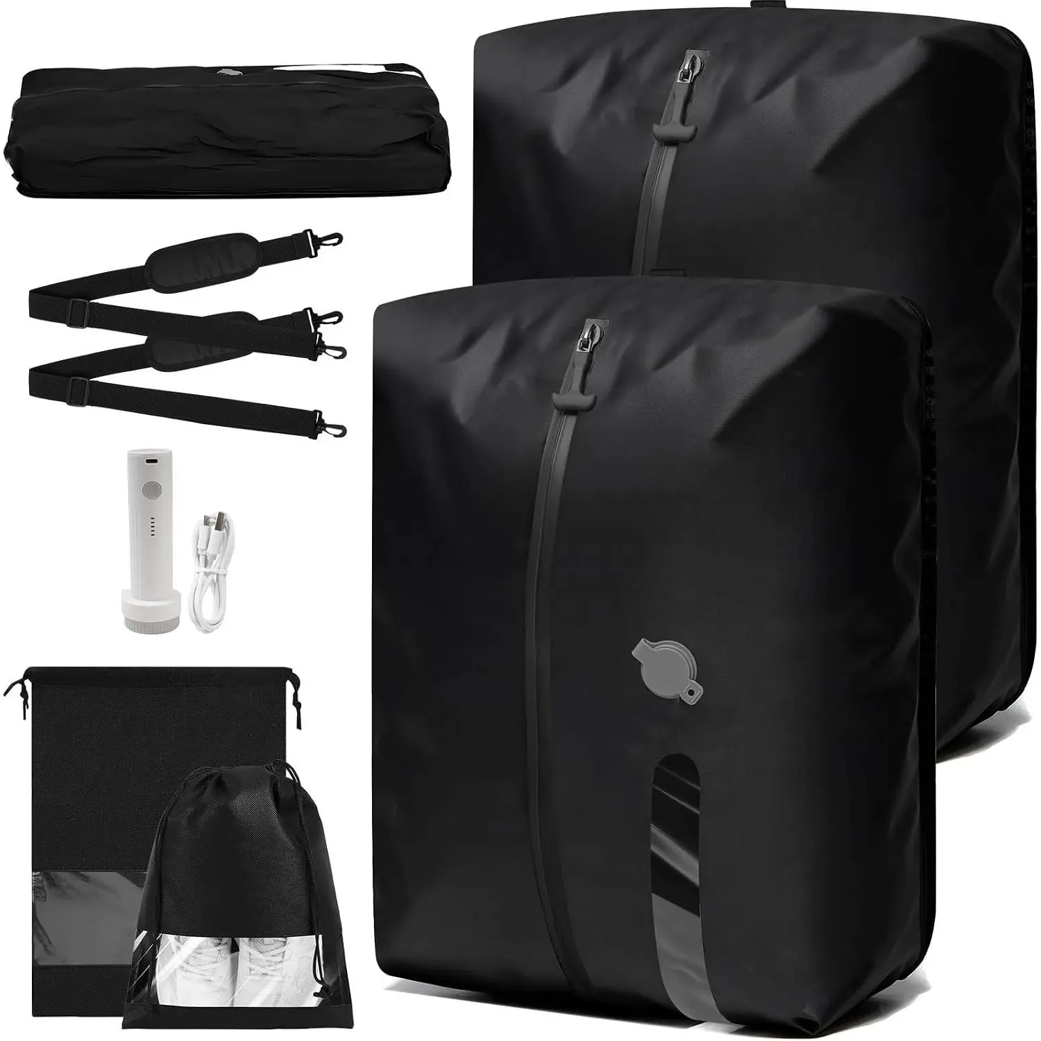 Waterproof Vacuum Travel Bags with Pump & Zipper, Travel Gear Compression Packing Cubes for Men’s Clothing, Suitcase (2pcs + Shoe Bags)