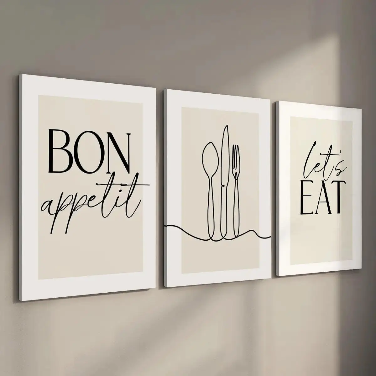 2D Flat 3pcs/set Unframed Wall Art,Modern Bon Appetit, Lets Eat Wall Art,Canvas Painting, Poster Print, Artwork Wall Painting for Gift, Bedroom, Office, Living Room, Home Decoration, Gift for Valentine's Day