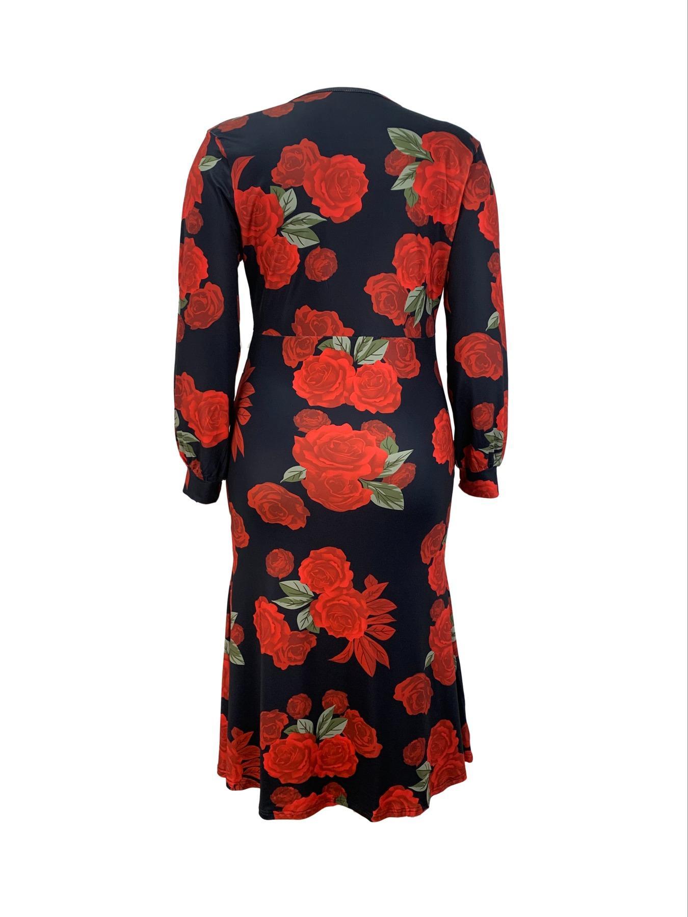 【Plus Size】 Floral Print Ruched Split Thigh Bodycon Dress, Elegant Bishop Sleeve Deep V Neck Long Sleeve Dress for Party Holiday Wedding Guest Gown, Women's Clothes for Spring & Fall