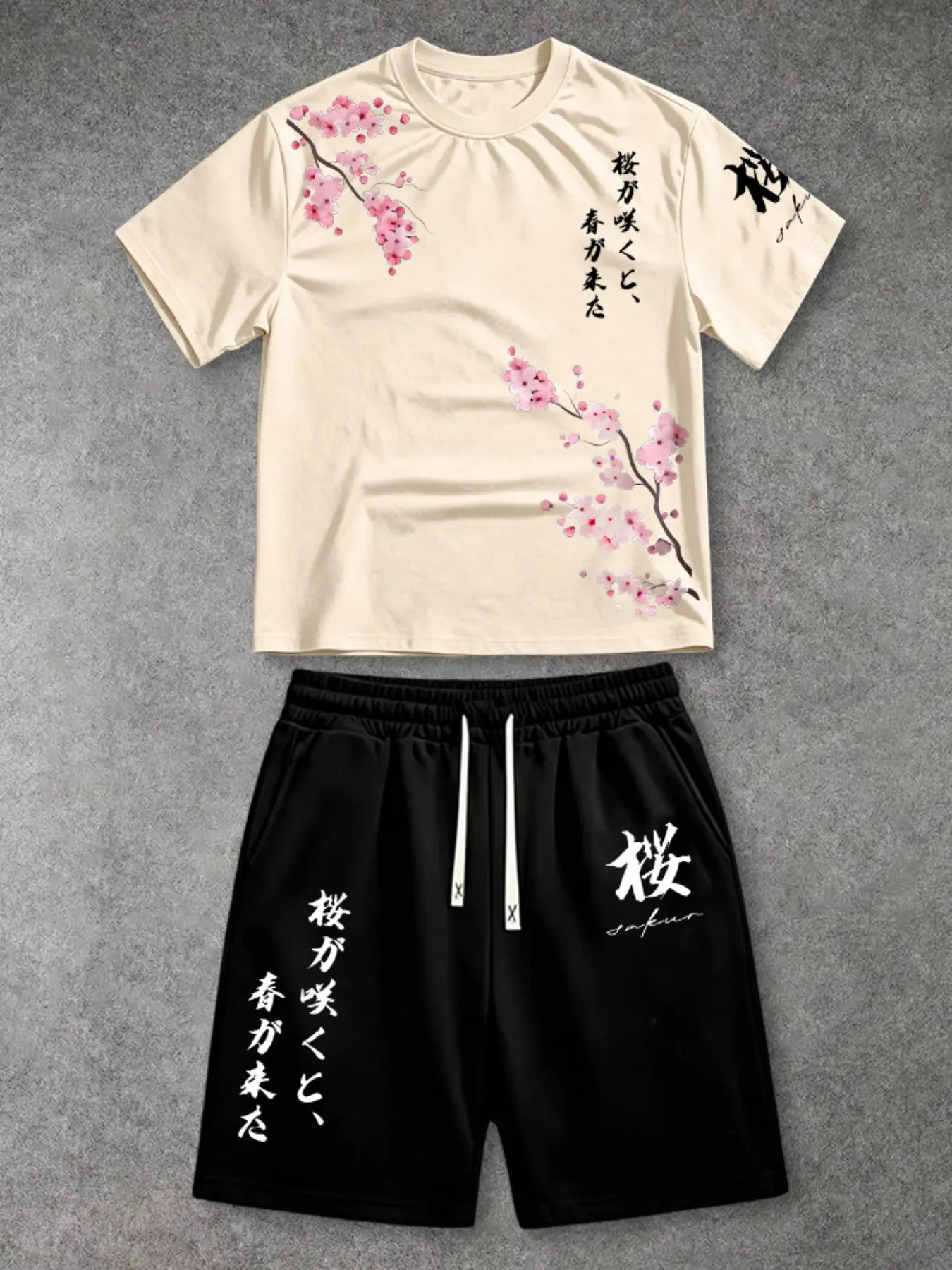 Summer Fashion Men's Two-Piece Set, Short Sleeve T-Shirt + Shorts, Trendy Floral Cherry Blossom Japanese Letter Pattern, Loose-Fit Holiday Suit