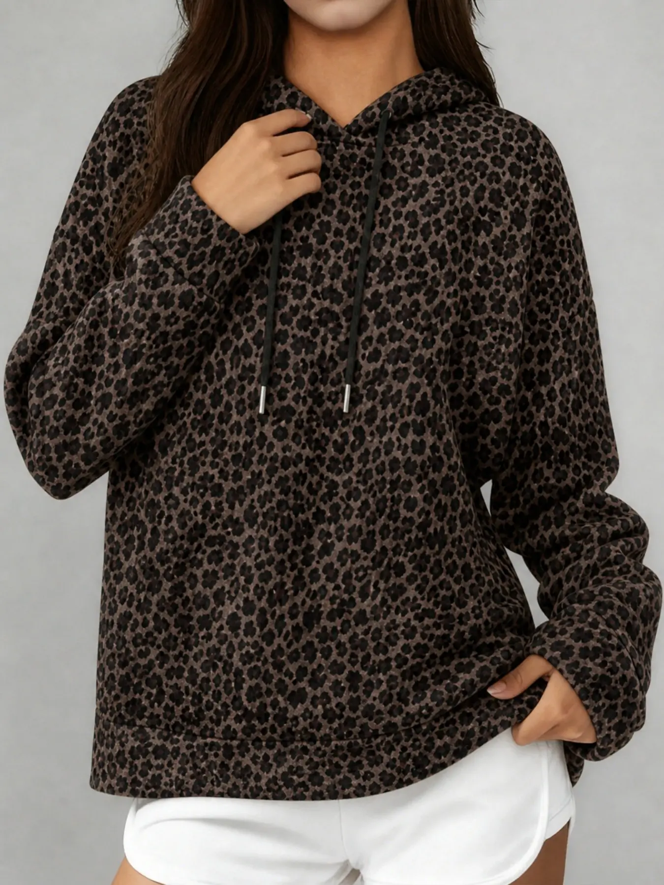 Y2K Women Dark Brown Leopard Print Cropped Hoodie Oversized Drop Shoulder Long Sleeve Drawstring Hooded Pullover Sweatshirt Vintage Grunge Streetwear Loose Crop Top For Shorts Jeans Matching Outfit