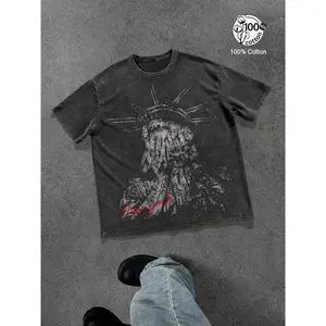 Unisex 100% Cotton Acid Washed Black & Grey Oversized Round Neck T-Shirt| Covered Face Statue of Liberty "New York" Print Dark American Retro Casual Fit Streetwear Top