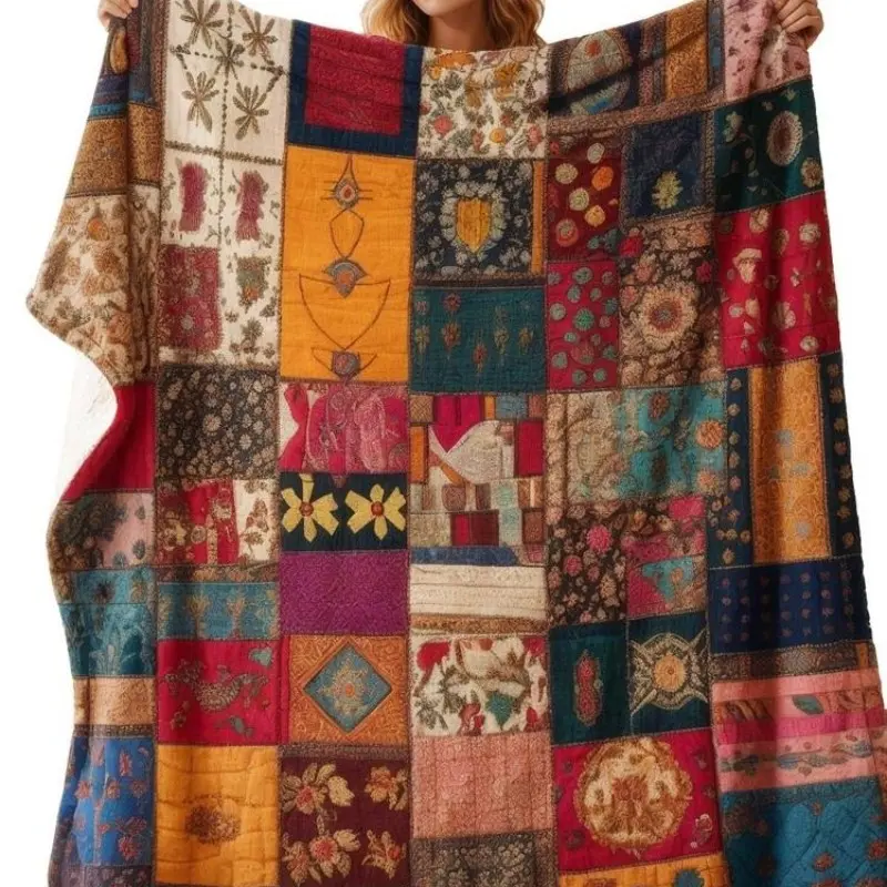 Extra Large Thick Bohemian Style Flannel Blanket, Super Soft Luxurious Quilted Bed Cover, Indian Patchwork Design, Suitable for All Seasons