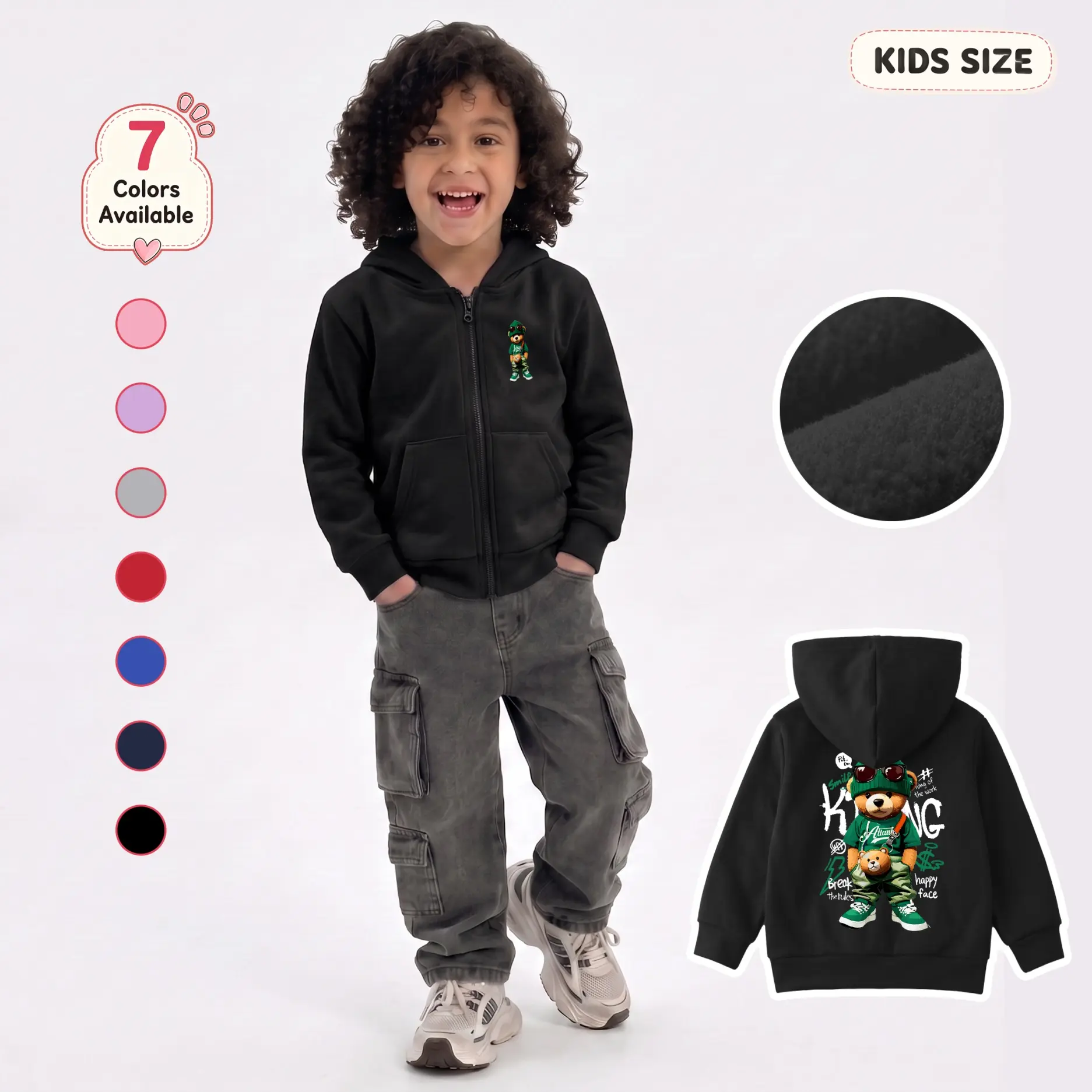 Boys’ Regular Fit Casual Sporty Bear Graphic Zip-Up Hoodie - Front Mini Char. & Large Back Print, Front Pockets, Hooded Jacket for School/Travel, Daily Wear