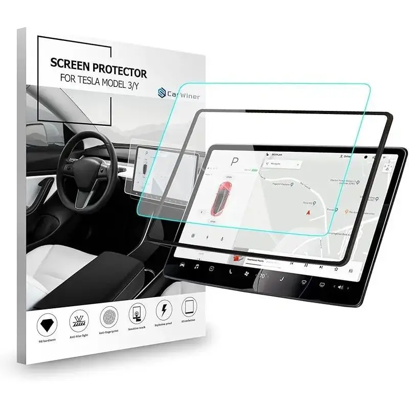 Tesla Model3 & Modely Screen Protectors, 9h Tempered Glass, Front & Rear, Anti-Glare, Fingerprints, Scratches, Bubble-Free