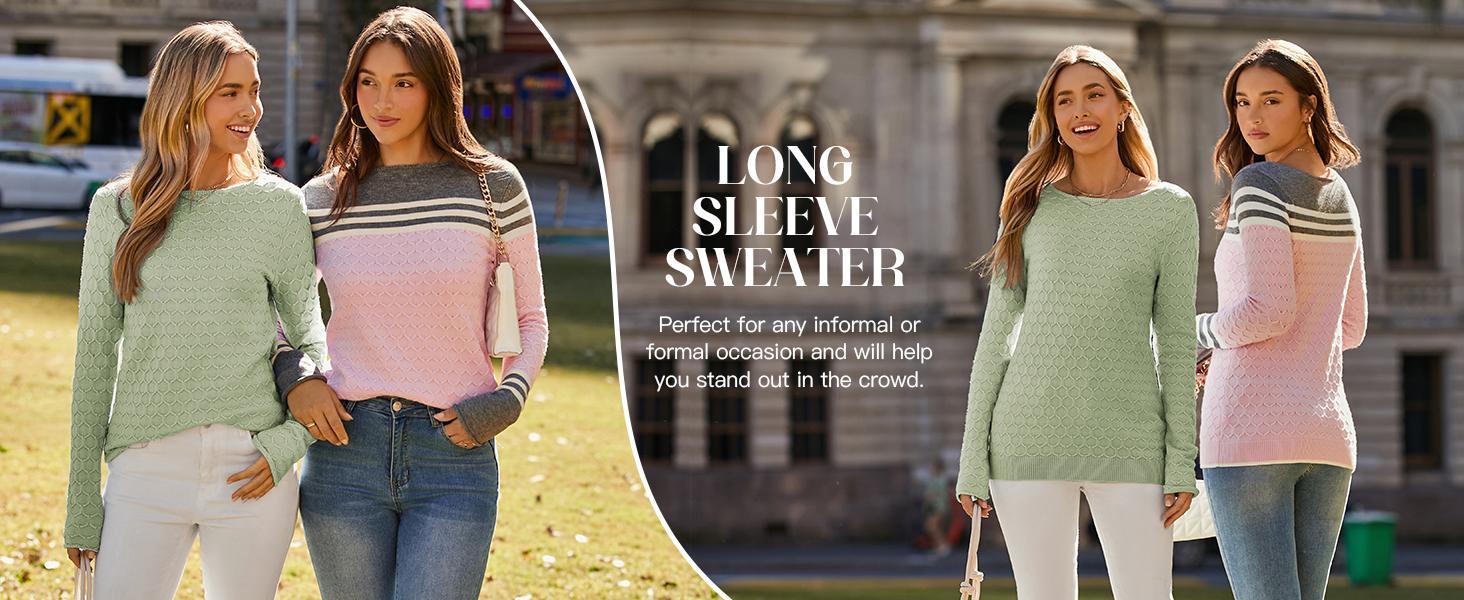 PASLTER Women Autumn Winter Colorblock Pullover Sweaters Round Neck Striped Slim Fitting Knitwear Tops Crewneck Womenswear