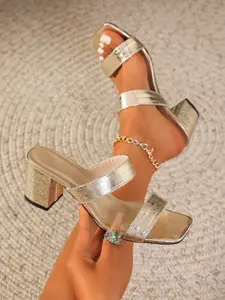 2026 Metallic Gold Trend Heels | Women Slip On Square Toe Block Heel Mules Shiny Cracked Foil Leather Lightweight Thick Stable Heel No Tired Legs Easy To Wear Brunch Shopping Birthday Dinner Club Night Out Sandals