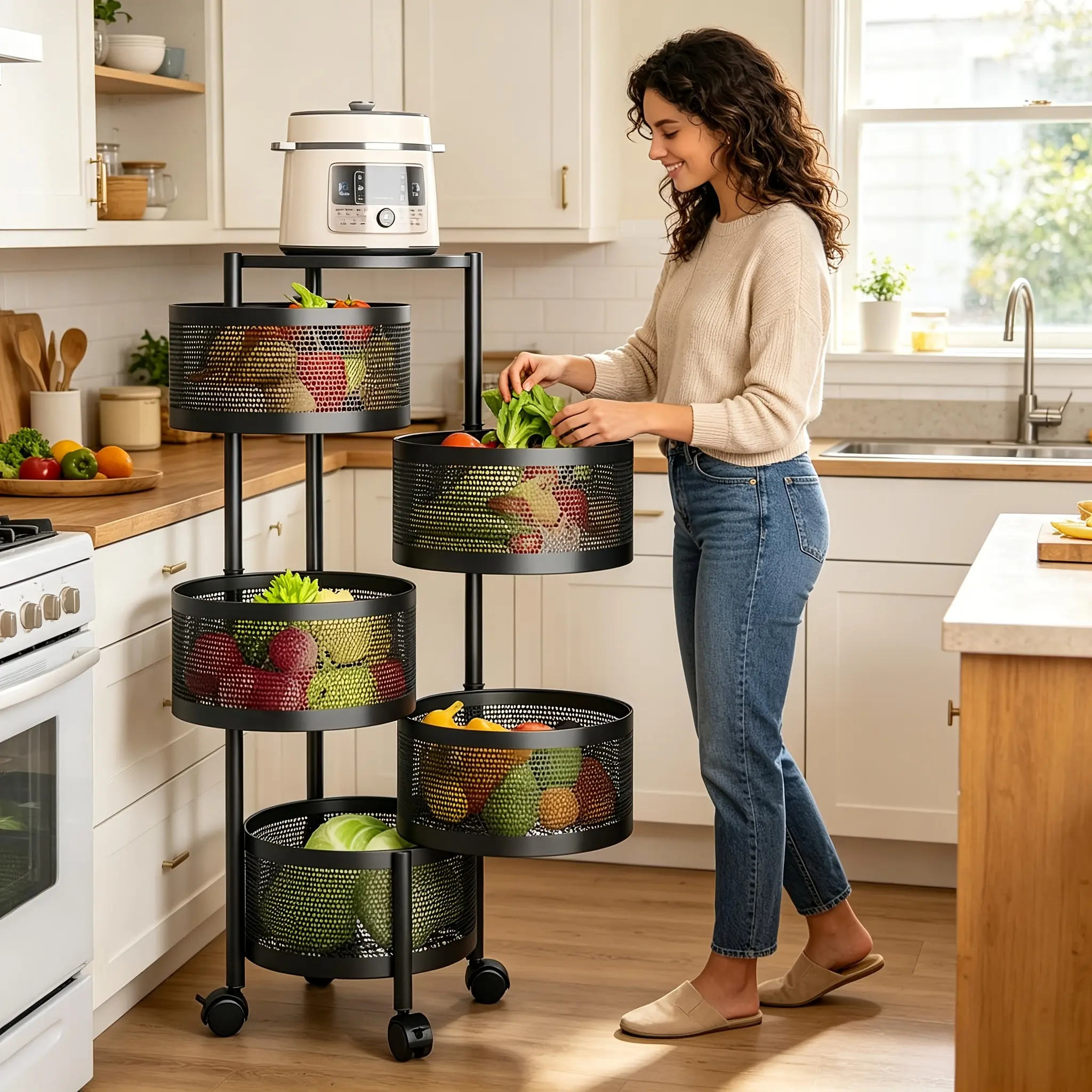 5-Tier 360° Rotating Storage Cart with Wheels, No Assembly Mobile Kitchen Storage Basket, Space Saving Floor Standing Rolling Organizer Bin for Pantry Fruits Vegetables Bathroom Bedroom Home Organization