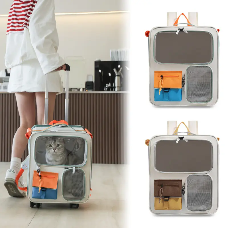 Large Capacity Rolling Pet Carrier Backpack - Breathable, 2-in-1 Wheeled Travel Bag for Cats & Small Dogs, Portable for Outdoor & Air Travel