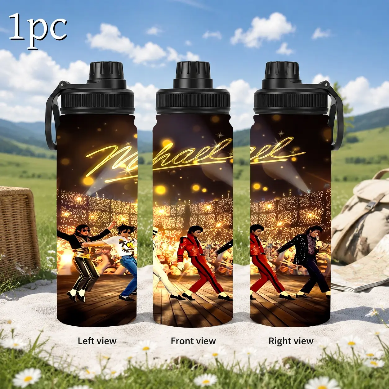 1pc 20oz Insulated Sports Water Bottle With Portable Carry Handle, Music Star MJ Stage Show Print Vacuum Tumbler, Double‑Wall Leakproof Travel Cup, Ideal Fan Gift For Outdoor Sports Camping Daily Use,Multiple different capacities are available
