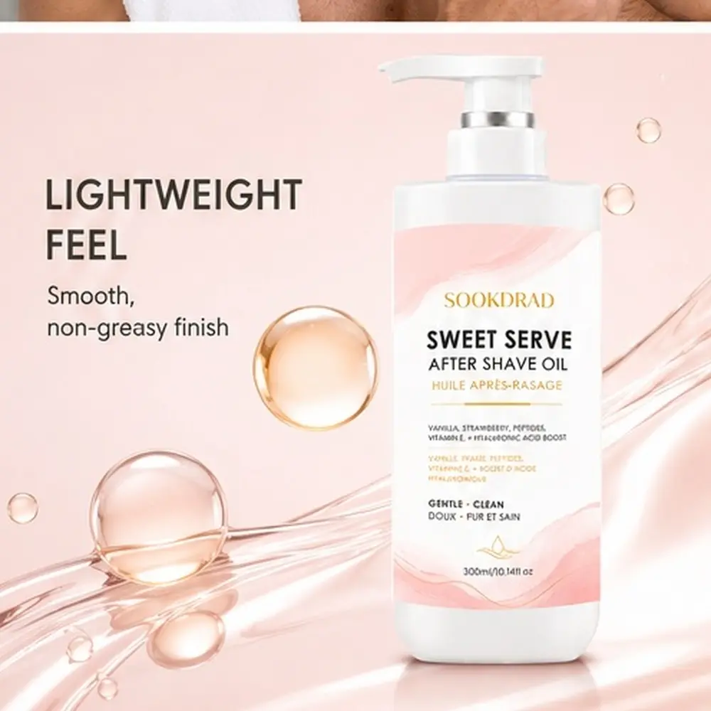 after shave oil, vanilla, strawberry, peptides, vitamin E, hyaluronic acid boost, gentle, clean, shaved skin, 300ml/10.14fl oz