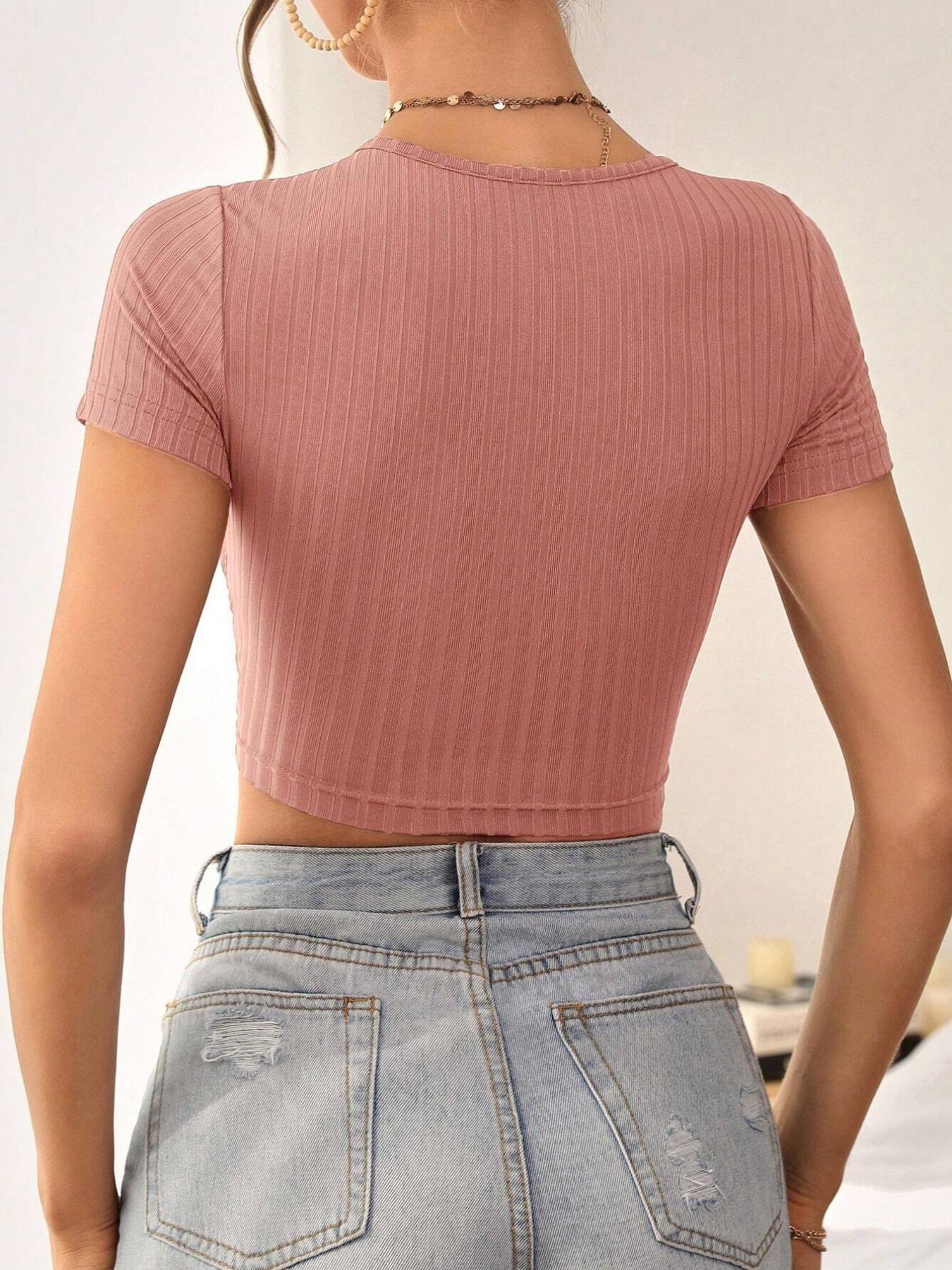 Women's Plain Wrapped V Neck Stretchy Crop Tee, Casual Tight-fitting Short Sleeve T-shirt for Summer, Women's Clothing for Daily Wear, Plunge Neck Top