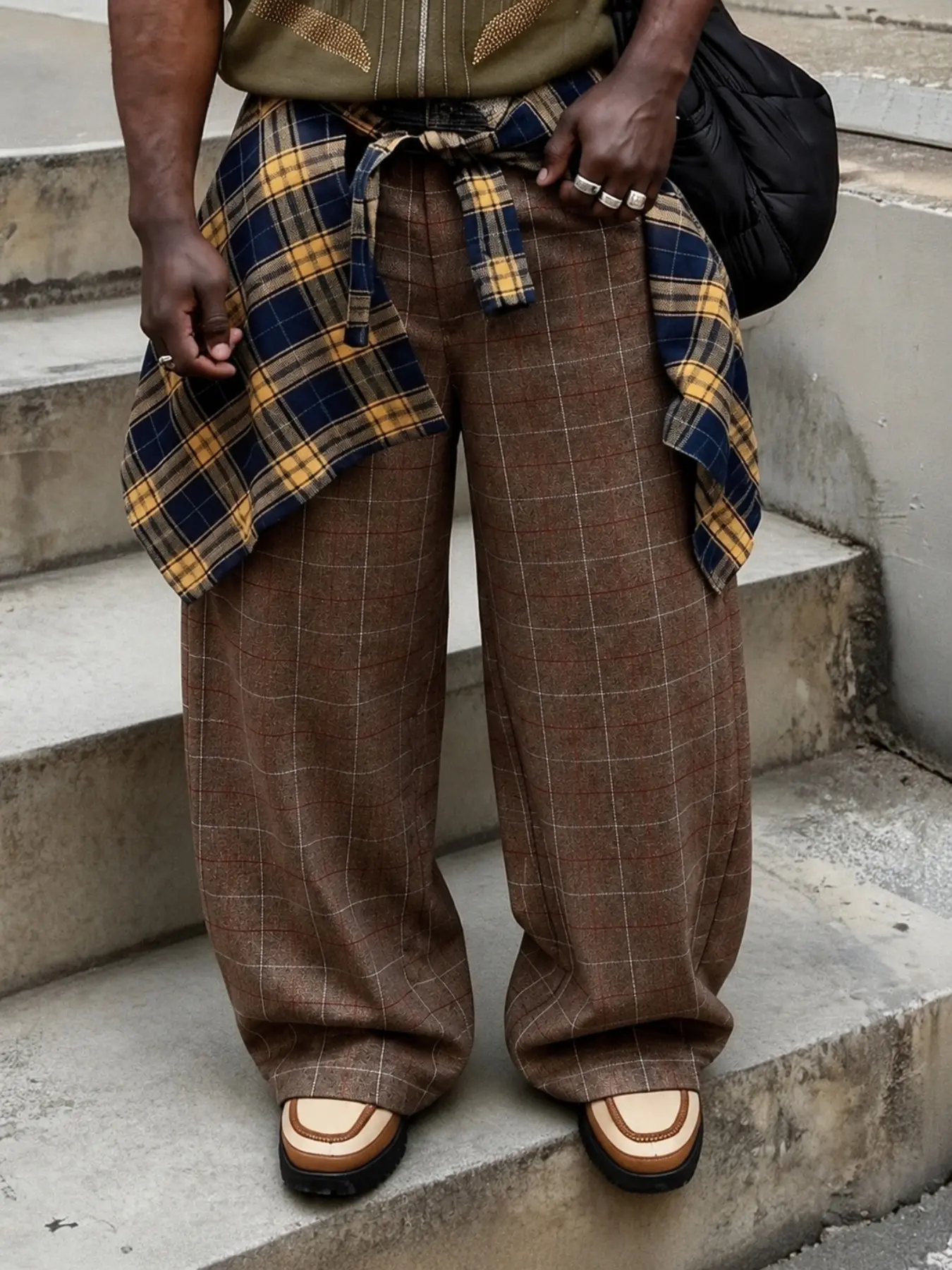 Men's Vintage Gingham Wide-Leg Pants, High-Waisted Loose Fit, Street Style, Streetwear, Spring & Fall, Casual Wear, Button Fly, Long/trousers