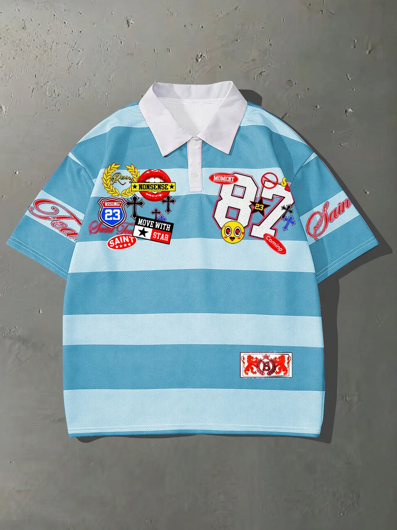 Men's Pink White Wide Horizontal Stripe Short Sleeve Polo Shirt, White Contrast Collar, 87 Number Multi Badge Patches Saint Letter Full Graphic, Loose Cropped Retro Streetwear Top, Casual Polo Shirts