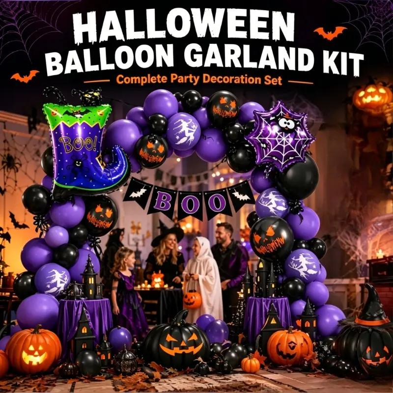 Halloween Spooky Latex Balloon Set With Hanging Banner Black Orange Purple Balloons DIY Scene Decor Garland Supplies For Halloween Holiday Party