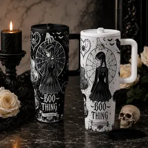 1pcs Wednesday Addams Gothic 40oz Tumbler With Handle Lid Straw, Black White Vintage Spider Web Crow Violin Skull Print Insulated Stainless Steel Travel Cup, Leakproof Coffee Mug Gift For Gothic Dark Aesthetic Fans Car Office Daily Use