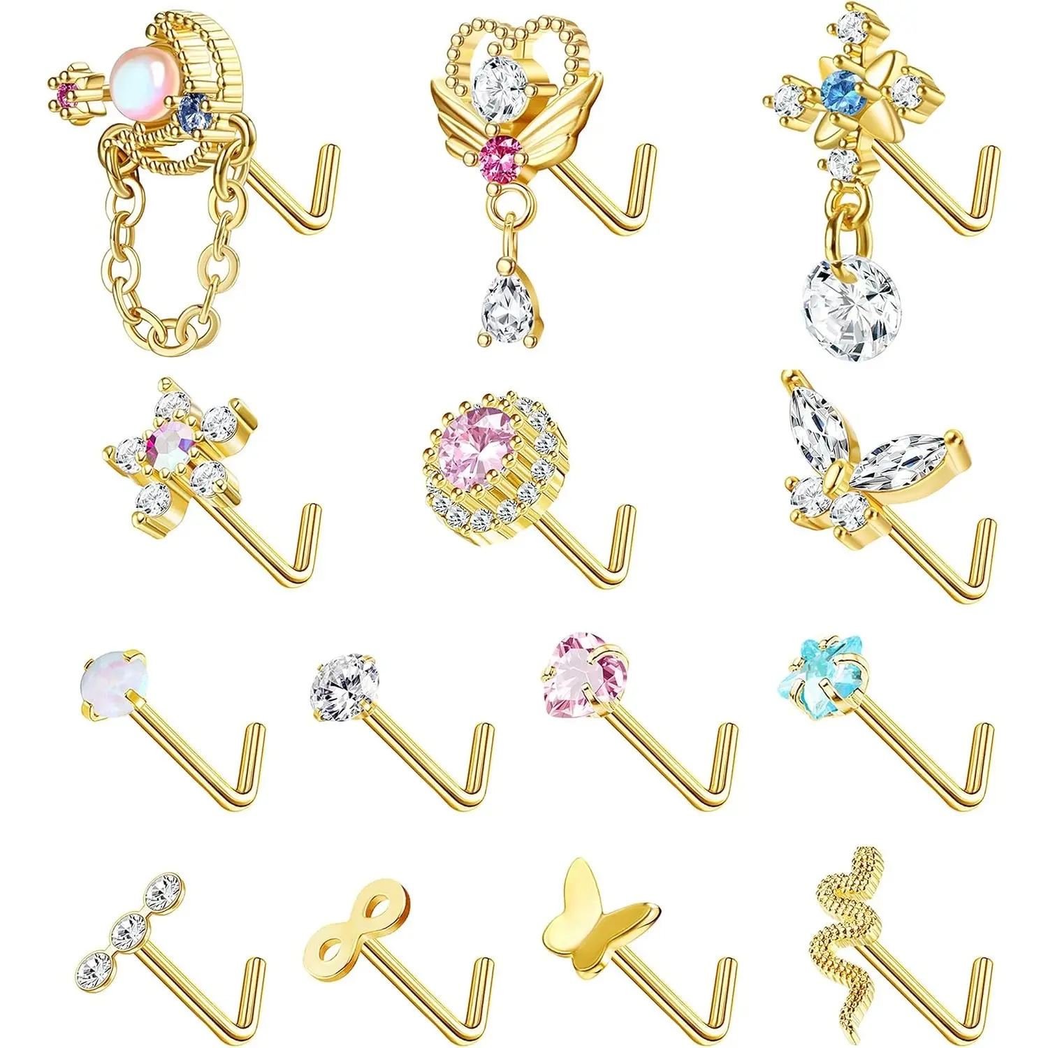 14 Pcs 20G L-Shaped Dangle Nose Studs Unisex, 316L Surgical Steel CZ Butterfly Flower Heart Dangling Nostril Piercing Jewelry Hypoallergenic Gift