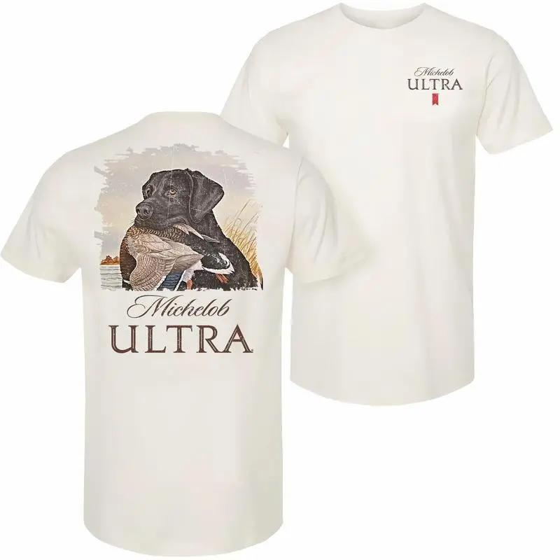 Michelob Ultra – Mallard and Dog T-Shirt – 2-Sided Design – Versatile Unisex Casual Wear – Cool Graphic Tee for Men – Menswear – Gift for Beer Lovers and Michelob Ultra Fans Round Neck Classic Clothes Cotton Fabric Soft -- fleece