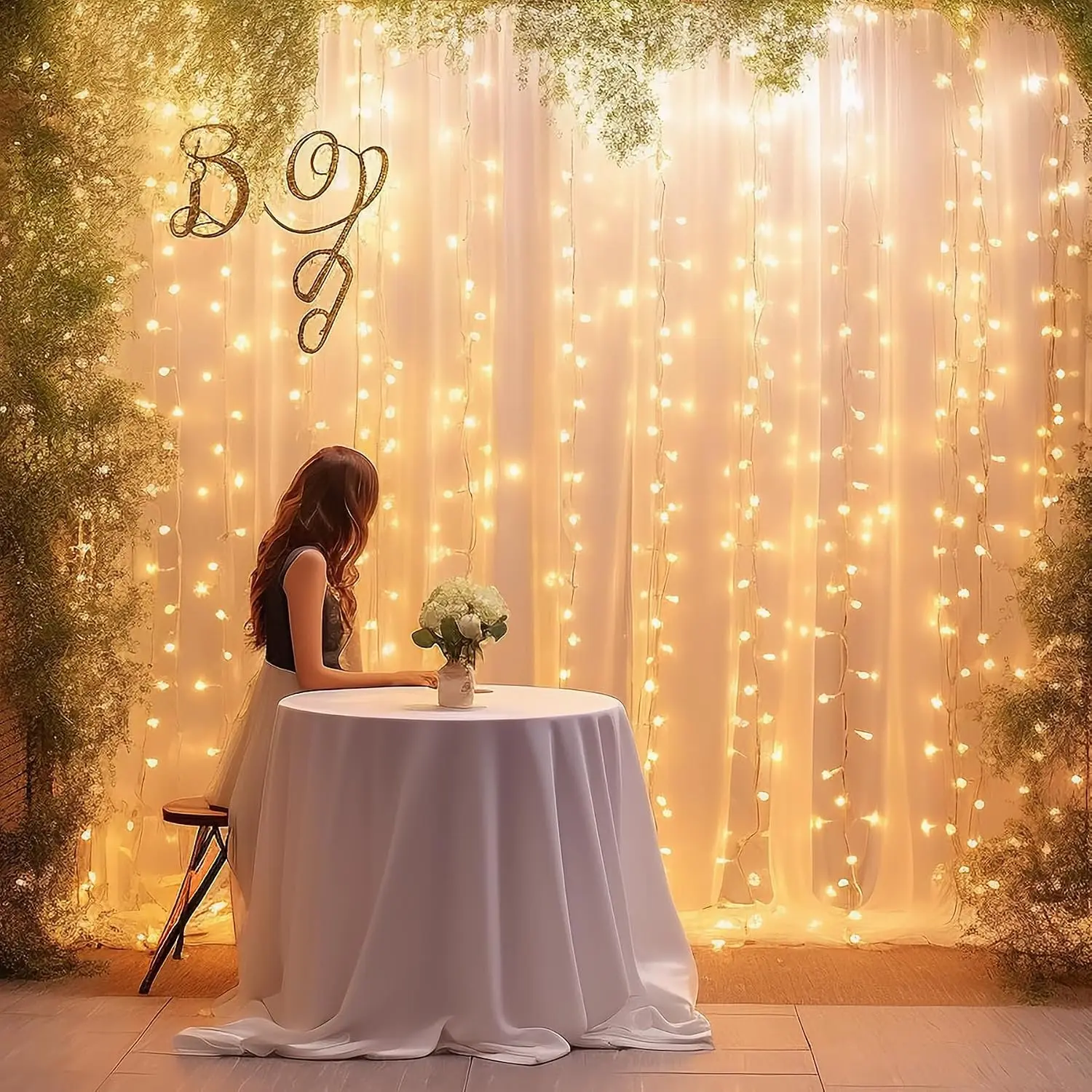 Champagne Sheer Tulle Backdrop Curtain with Lights String- Wedding Backdrop Decorations for Reception Ceremony  Party Photoshoot Background Fabric Curtains Backdrop 10ft x 8ft