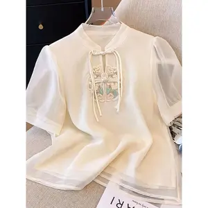 Ethnic Style Embroidered Chiffon Short-Sleeved Shirt Women'S Summer Chinese Knot Small Shirt Top