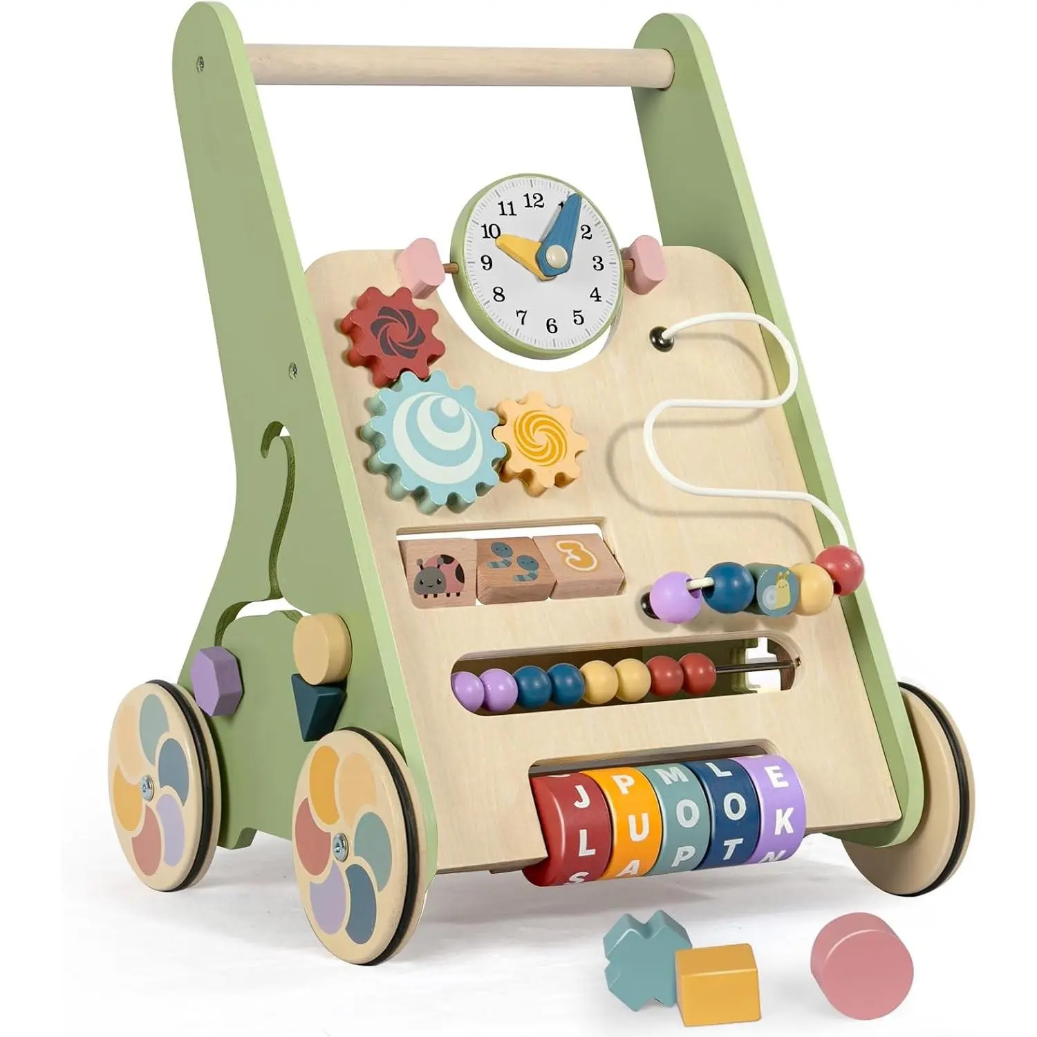 Wooden Baby Walker with Wheels, Push Walker for 12 Months Baby Boy, Sit to Stand Baby Activity Center Small Size Walker
