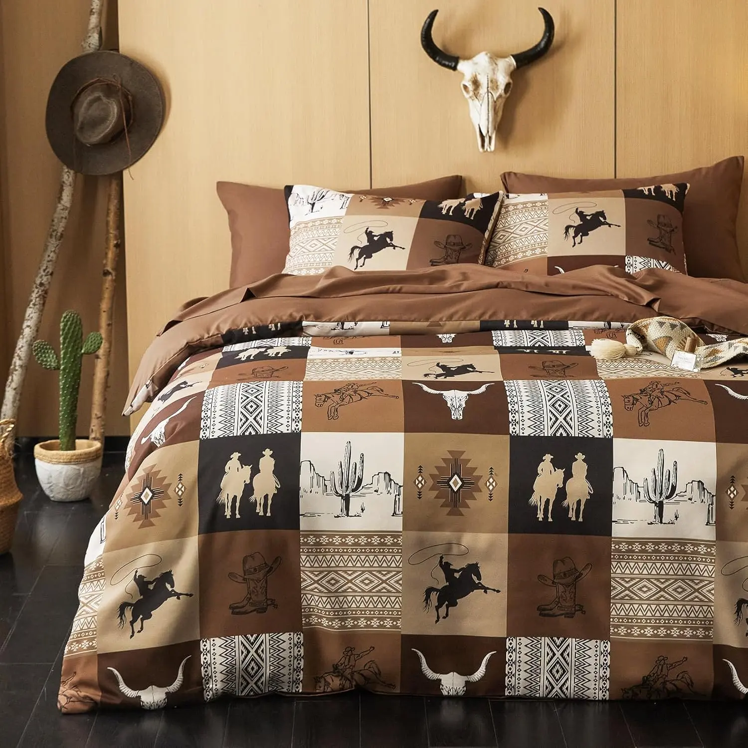 - Comforter Set, Southwestern Aztec Horse Rustic Ranch Pattern Printed, Soft Lightweight Bedding, 3 Pieces, Tan Brown, King Size