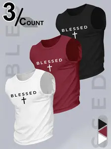 Men 3 Count Blessed Cross Print Tank Tops Bundle Breathable Athletic Sleeveless Vest Christian Faith Casual Workout Gym Shirts