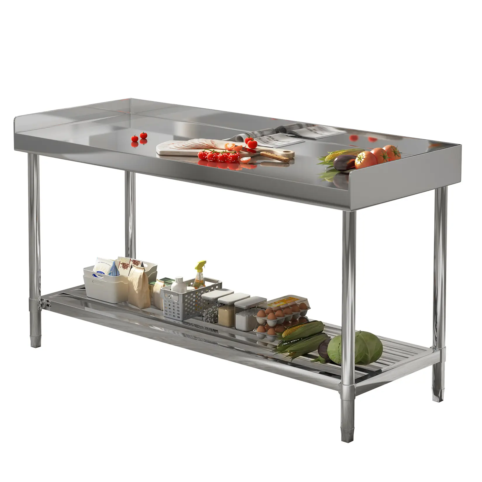 Heavy Duty Stainless Steel Work Table for Office, Restaurant, Kitchen, Garage, Prep Station with Backsplash & Adjustable Undershelf, Durable Commercial Desk