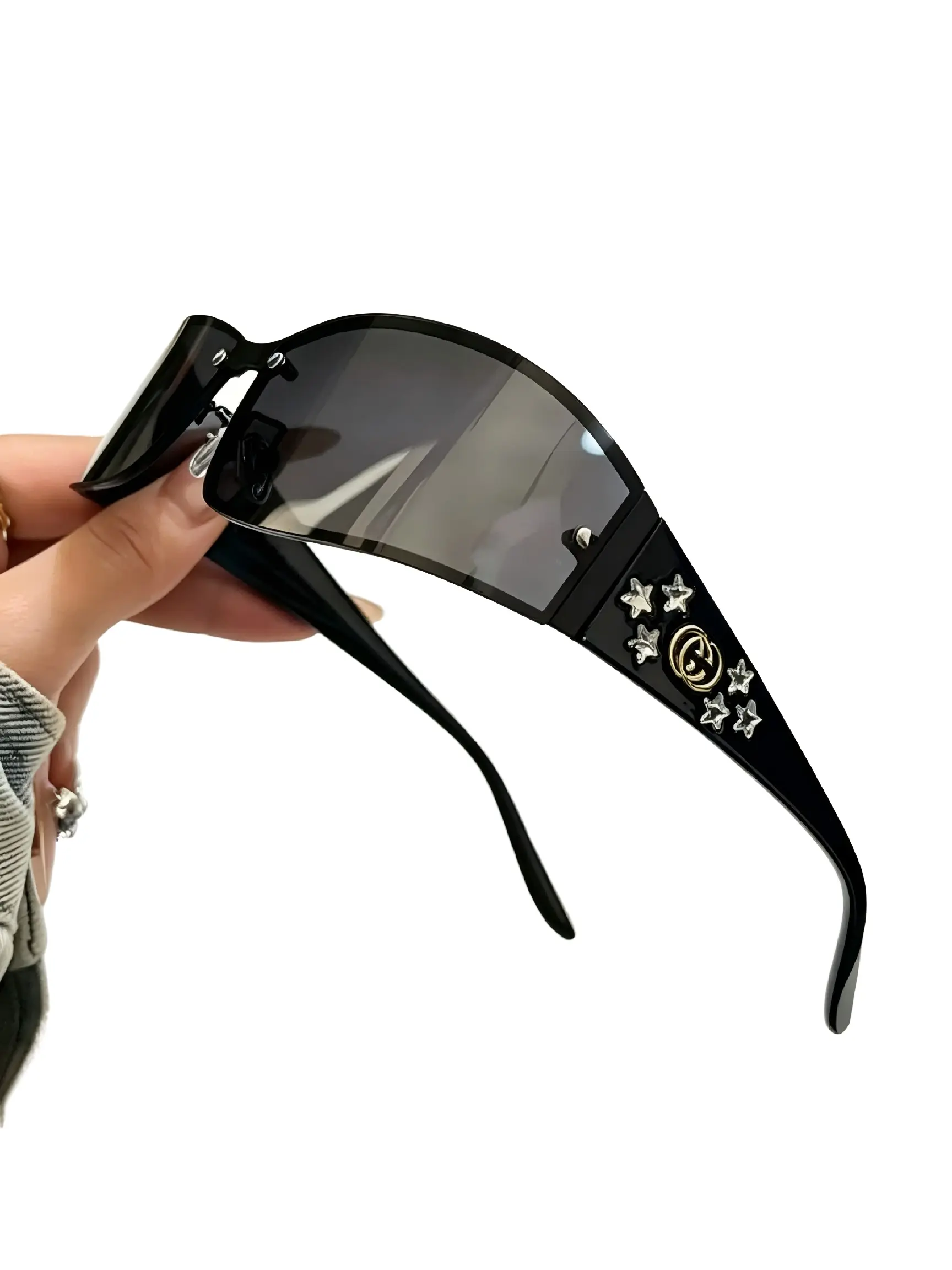 Luxury Women's Sunglasses, Frameless Trendy Design, Star Rhinestone Detail, Curved Lens, UV Protection, Fashionable Sun Glasses