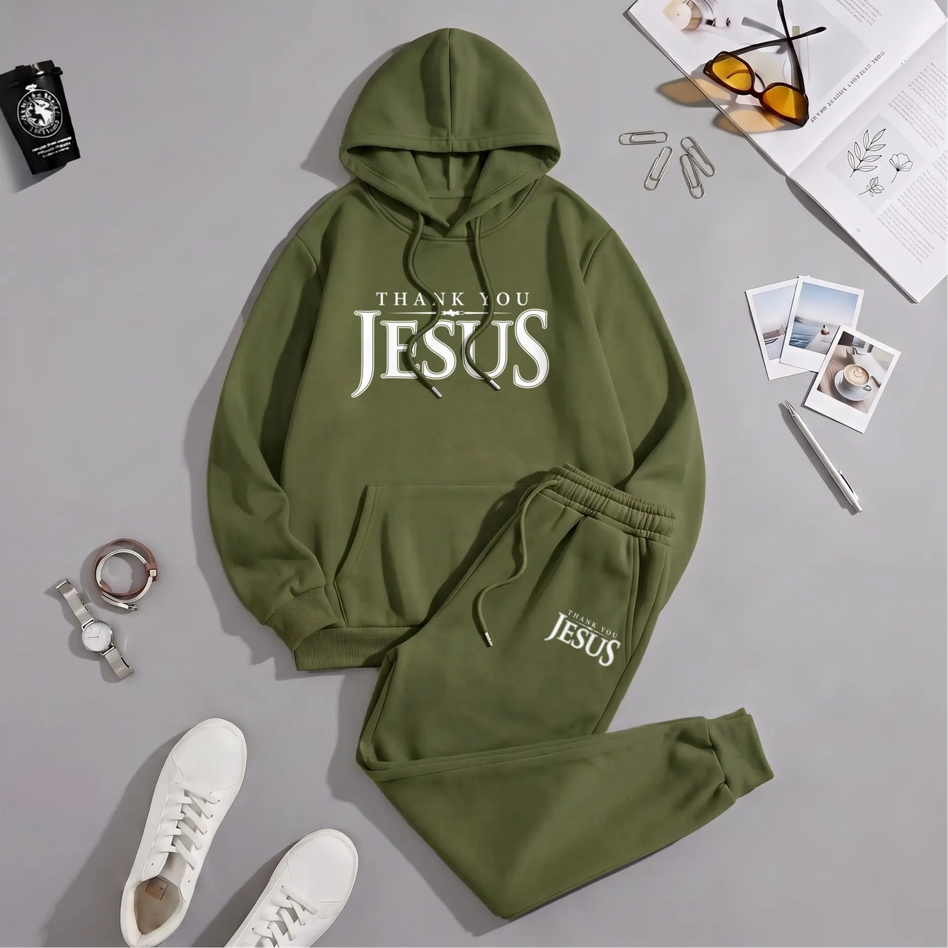 Men's Minimalist Christian Thank You Jesus Print Hoodie & Sweatpants Set - Loose Fabric Menswear, Long Sleeve Pullover, Drawstring Jogger Pants, Casual Fall Winter Athleisure Tracksuit, Polyester, Breathable, Letter Print