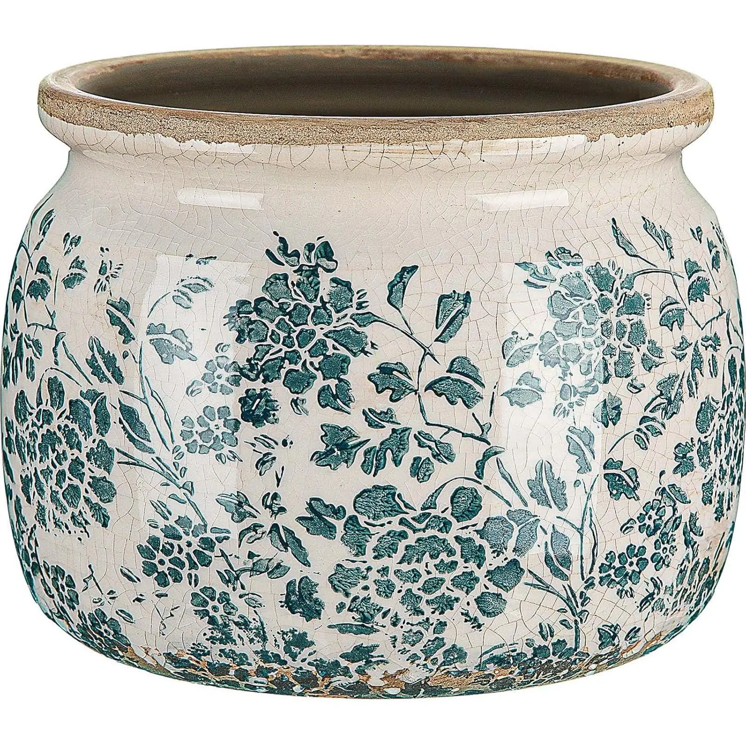 7.7 in Large Beige-Green Peony Crackle Rustic Ceramic Planter with Drainage, Indoor-Outdoor Garden Pot for Kitchen, Office, Room Decor