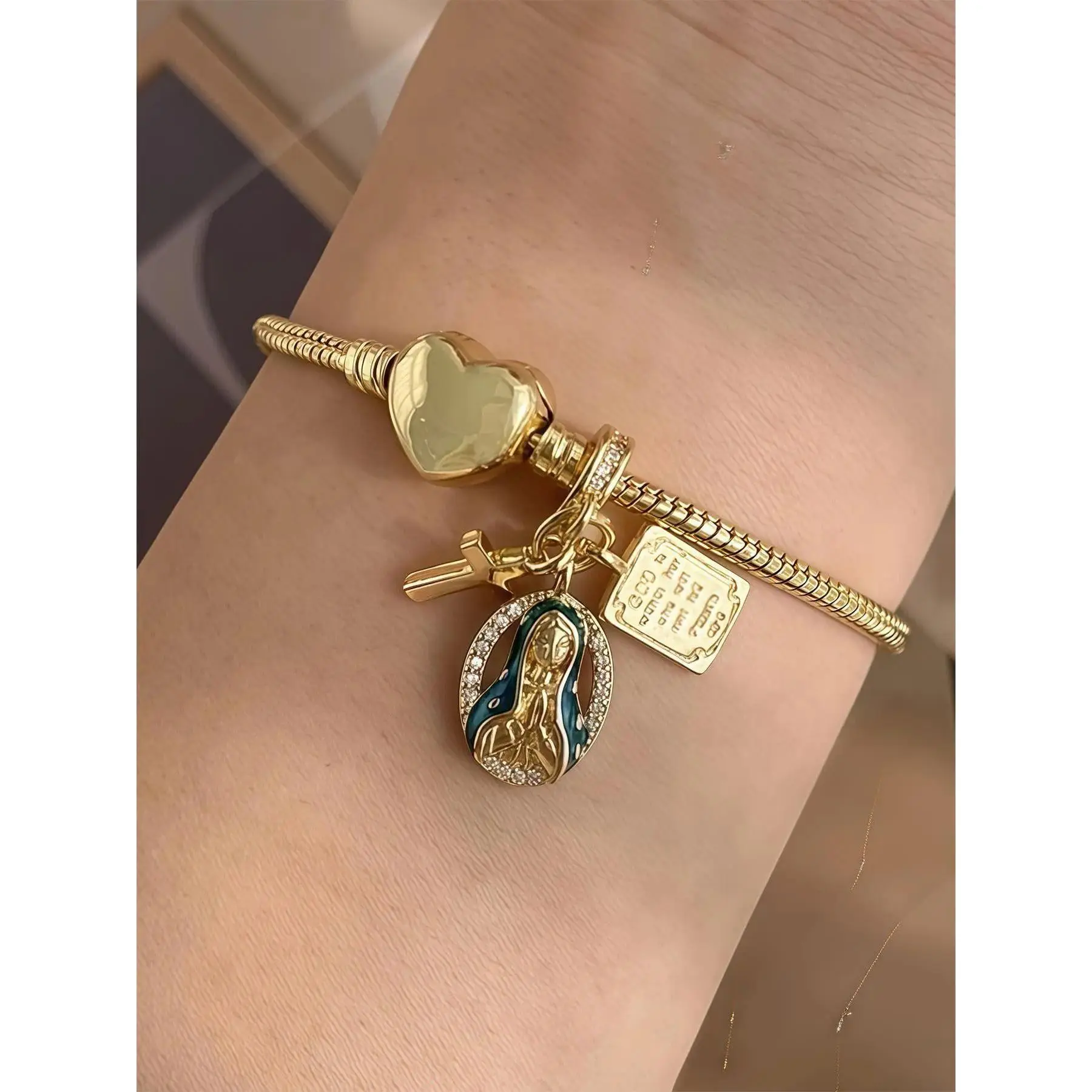 18K Gold Plated Virgin Mary Cross Heart Charms, Religious Protection Amulet Bracelet, Exclusive Design, Lightweight Tarnish Free, Catholic Faith Jewelry, Meaningful Gift