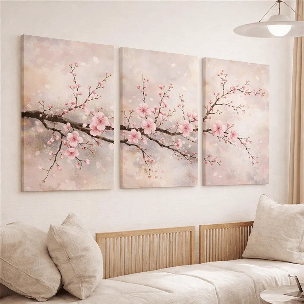 2D Plan, Three Pink Cherry Blossom Wall Decoration Paintings - Canvas Painting With Surround Wooden Frame, Suitable For Living Room, Spring Home Decoration, Traditional Panel Art