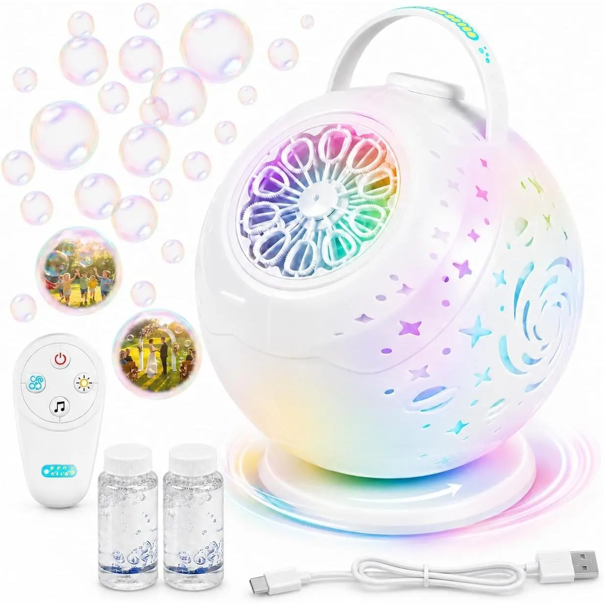 Rechargeable Galaxy Bubble Machine for Kids, LED Light | 90°/360° Rotating Bubble Blower with Type-C Rechargeable, Remote Control Bubble Maker for Birthdays, weddings and partiesGift.