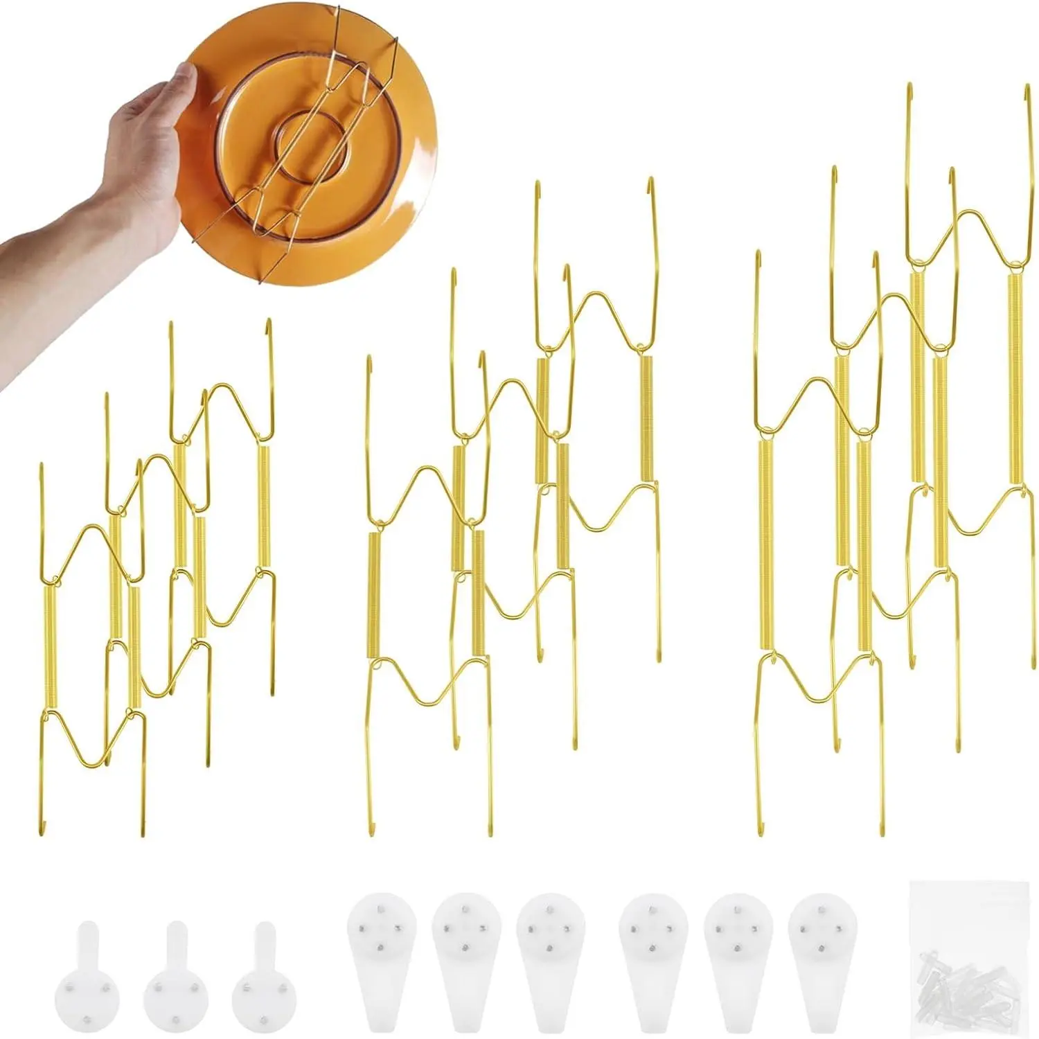 9 Pcs Invisible Wall Plate Hangers, 6/8/10 Inch Stainless Steel Gold, Heavy Duty with Wall Hooks and Tips Protector for Decorative Plates and Arts