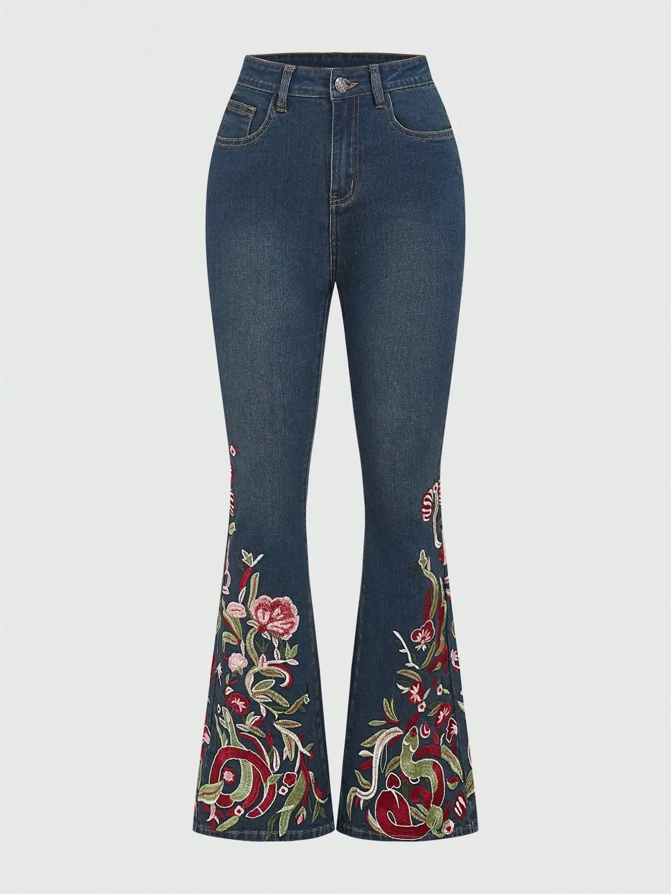 American Vintage Distressed Flare Jeans, Floral Embroidery High Waist Slim Fit, Micro Flare Horsehoe Pants, Retro Style Denim