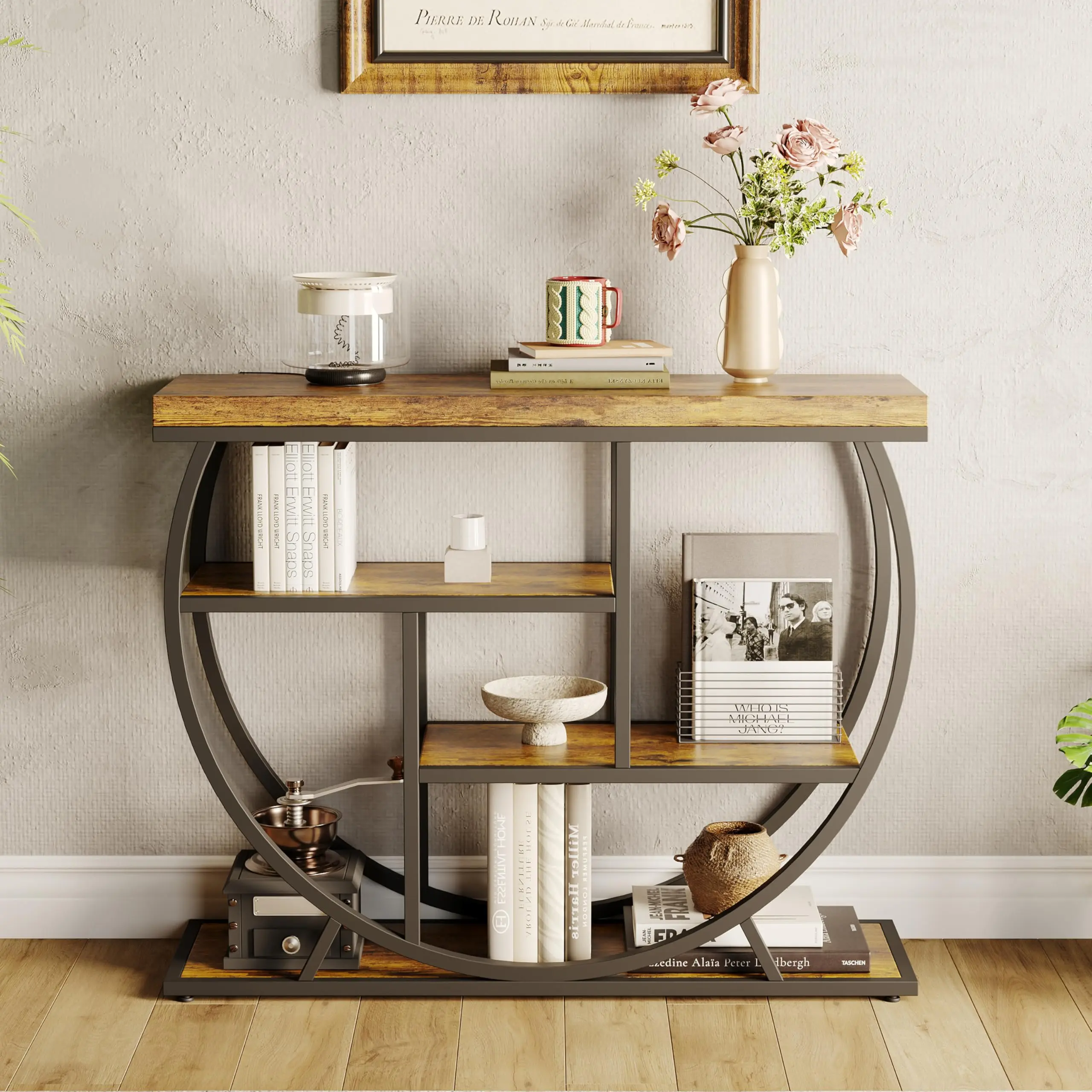 39-Inch Industrial Entryway Table with 3-Tier Metal Frame and Wooden Storage Shelves, Decorative Console Table for Hallway and Entryway
