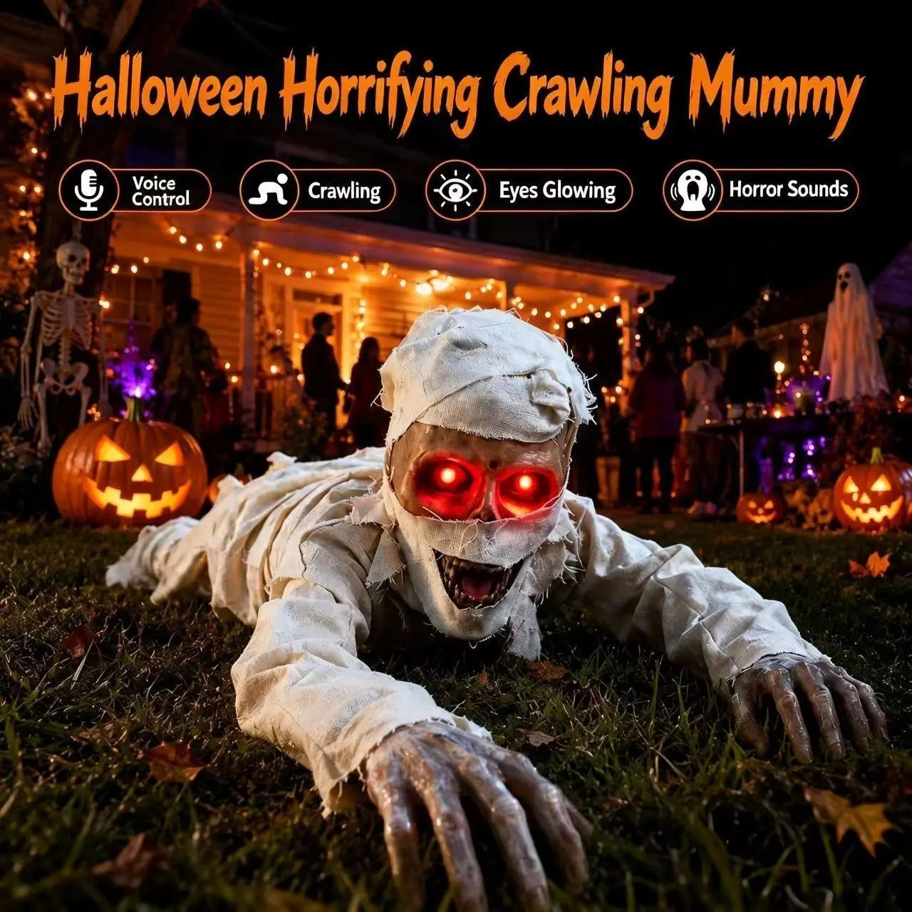 Halloween Crawling Mummy Sound-Activated Horror Decoration, Glowing Eyes Haunted House Party Setup, Terror Atmosphere for Home Parties