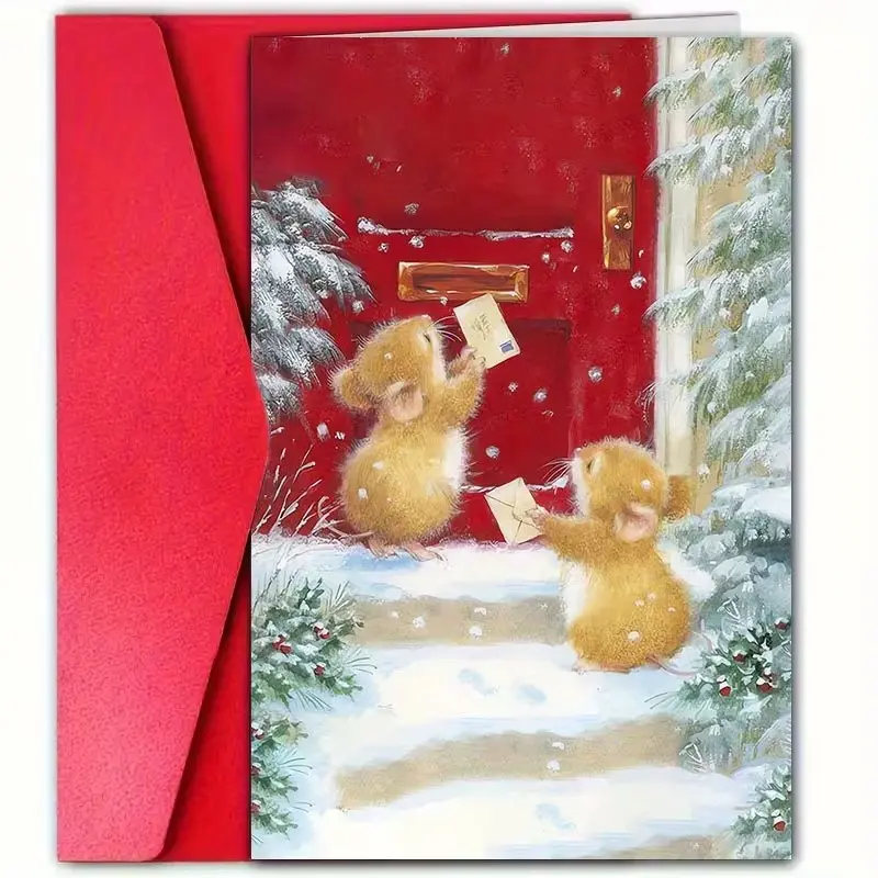 1PC Charming Retro Christmas Card, High-Quality Paper with Envelope, Perfect for Family, Friends, Colleagues, Mouse Design, Holiday Gift, Decor, Invitation